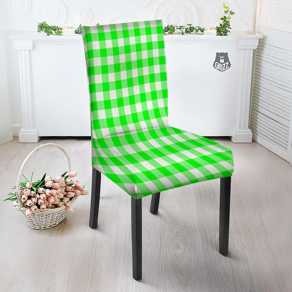 White Buffalo Check And UFO Green Print Pattern Dining Chair Slipcover-grizzshop