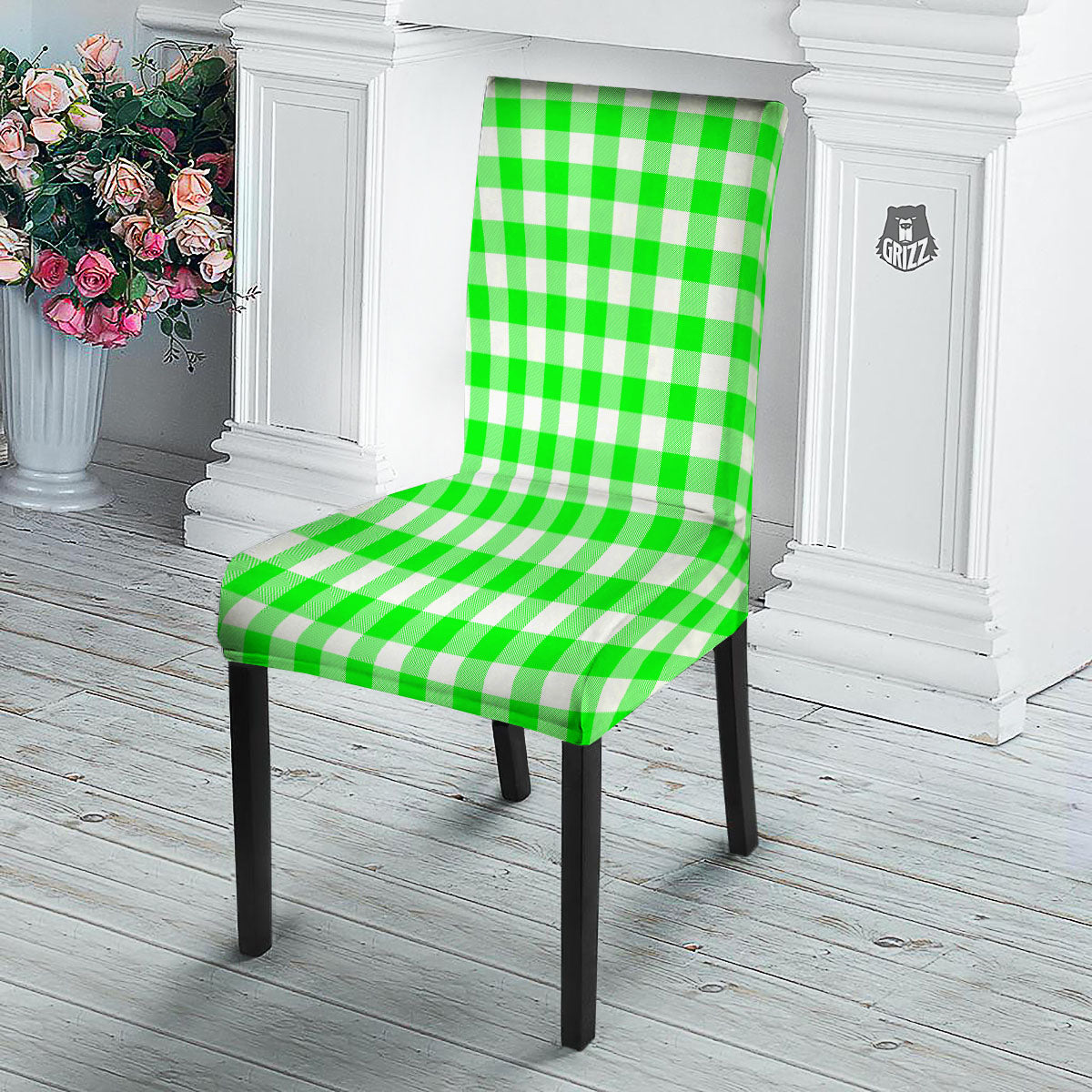 White Buffalo Check And UFO Green Print Pattern Dining Chair Slipcover-grizzshop