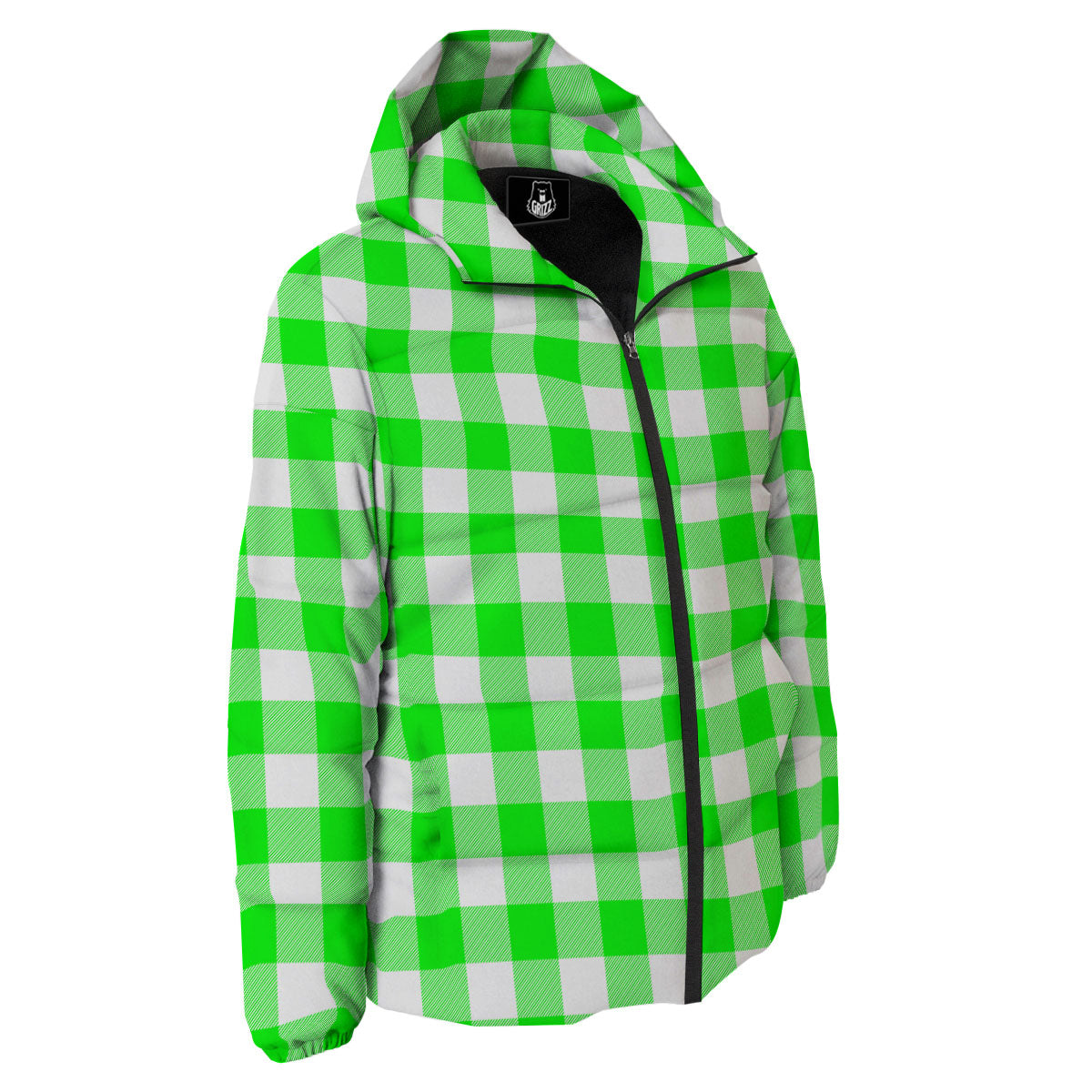 White Buffalo Check And UFO Green Print Pattern Down Jacket-grizzshop