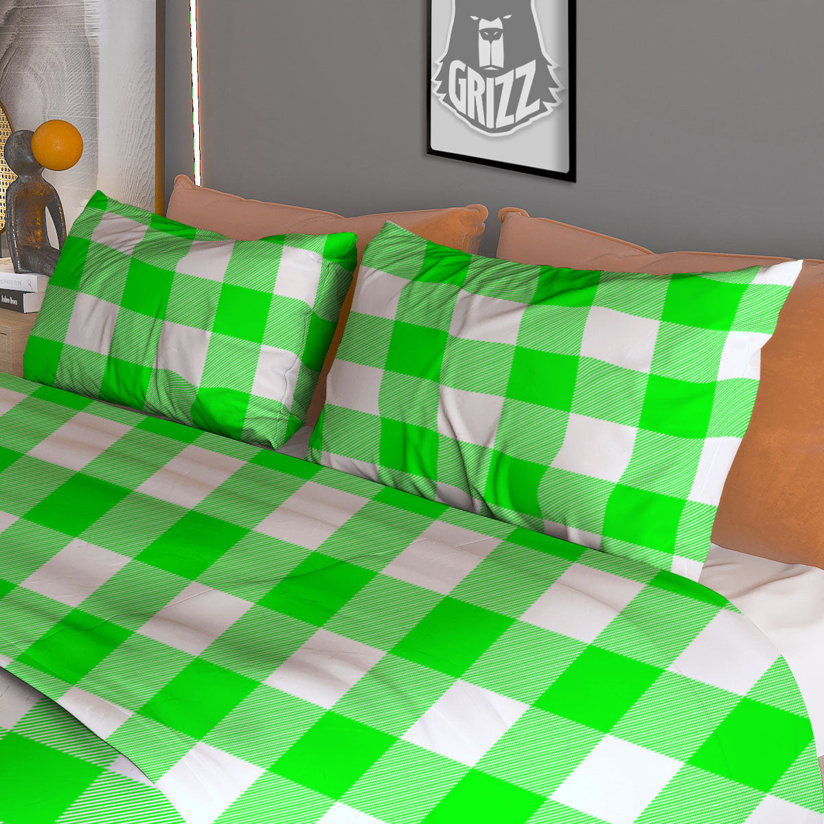 White Buffalo Check And UFO Green Print Pattern Duvet Cover Bedding Set