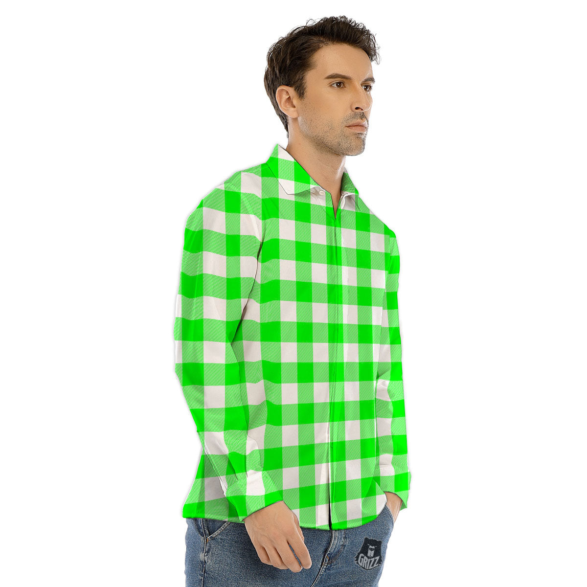White Buffalo Check And UFO Green Print Pattern Men's Dress Shirts-grizzshop