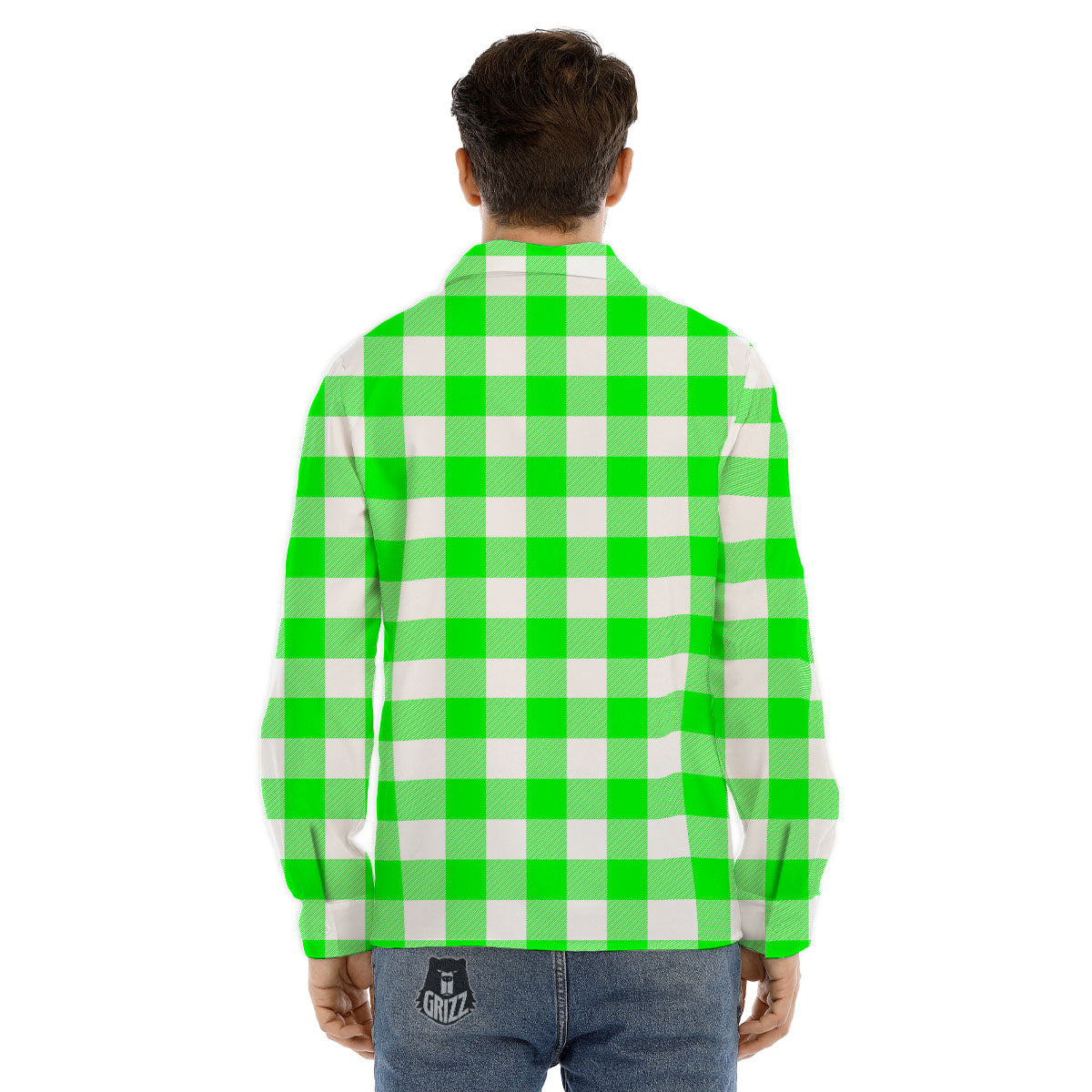 White Buffalo Check And UFO Green Print Pattern Men's Dress Shirts-grizzshop