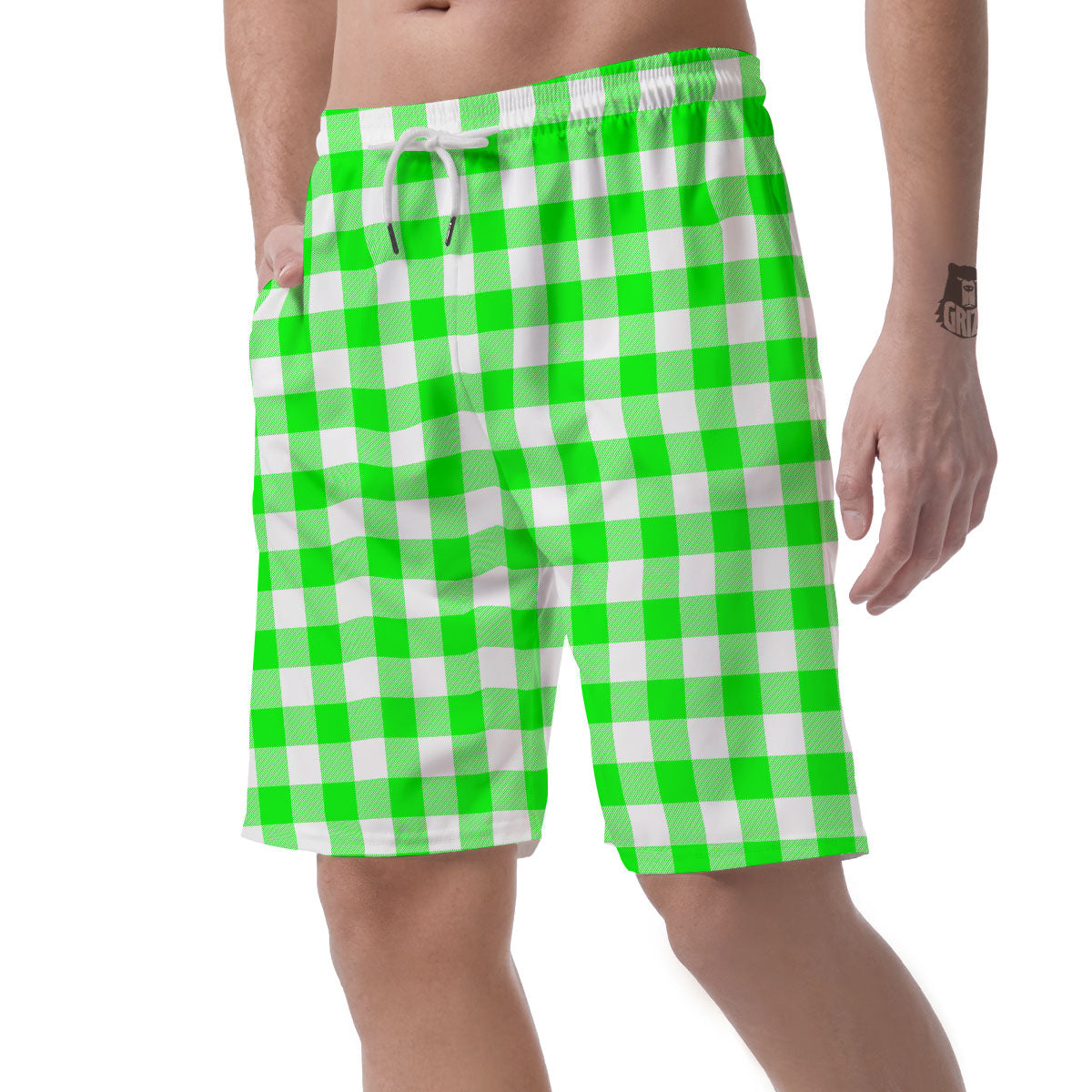 White Buffalo Check And UFO Green Print Pattern Men's Shorts-grizzshop
