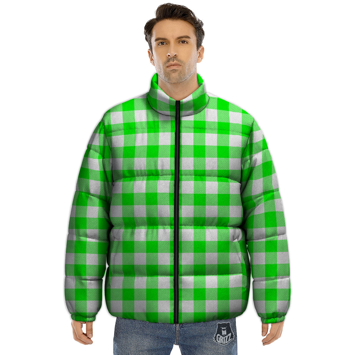 White Buffalo Check And UFO Green Print Pattern Puffer Jacket-grizzshop