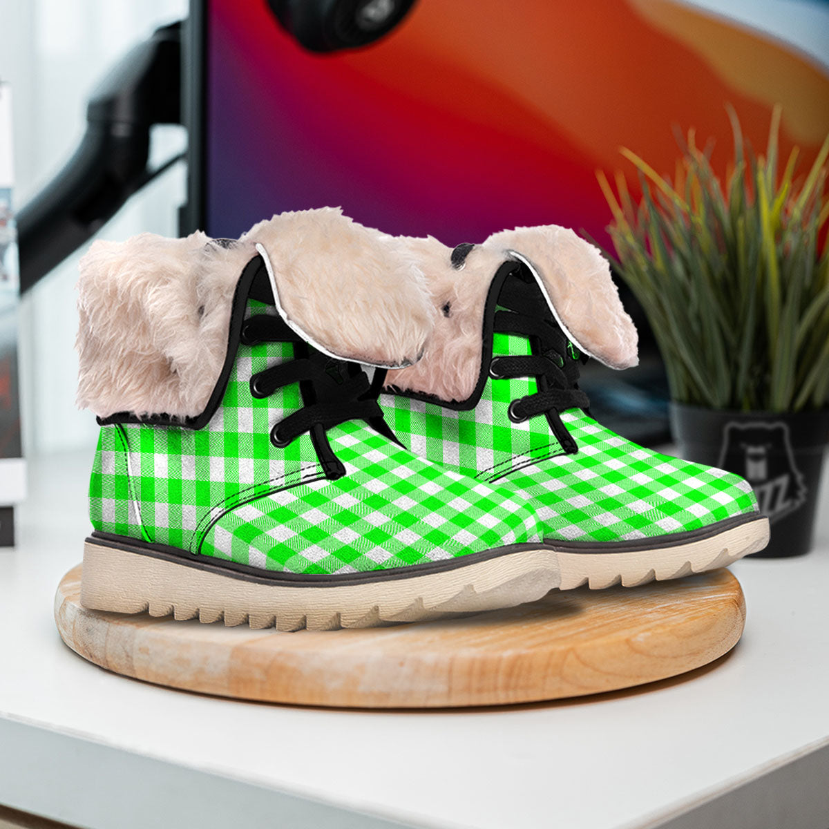 White Buffalo Check And UFO Green Print Pattern Snow Boots-grizzshop
