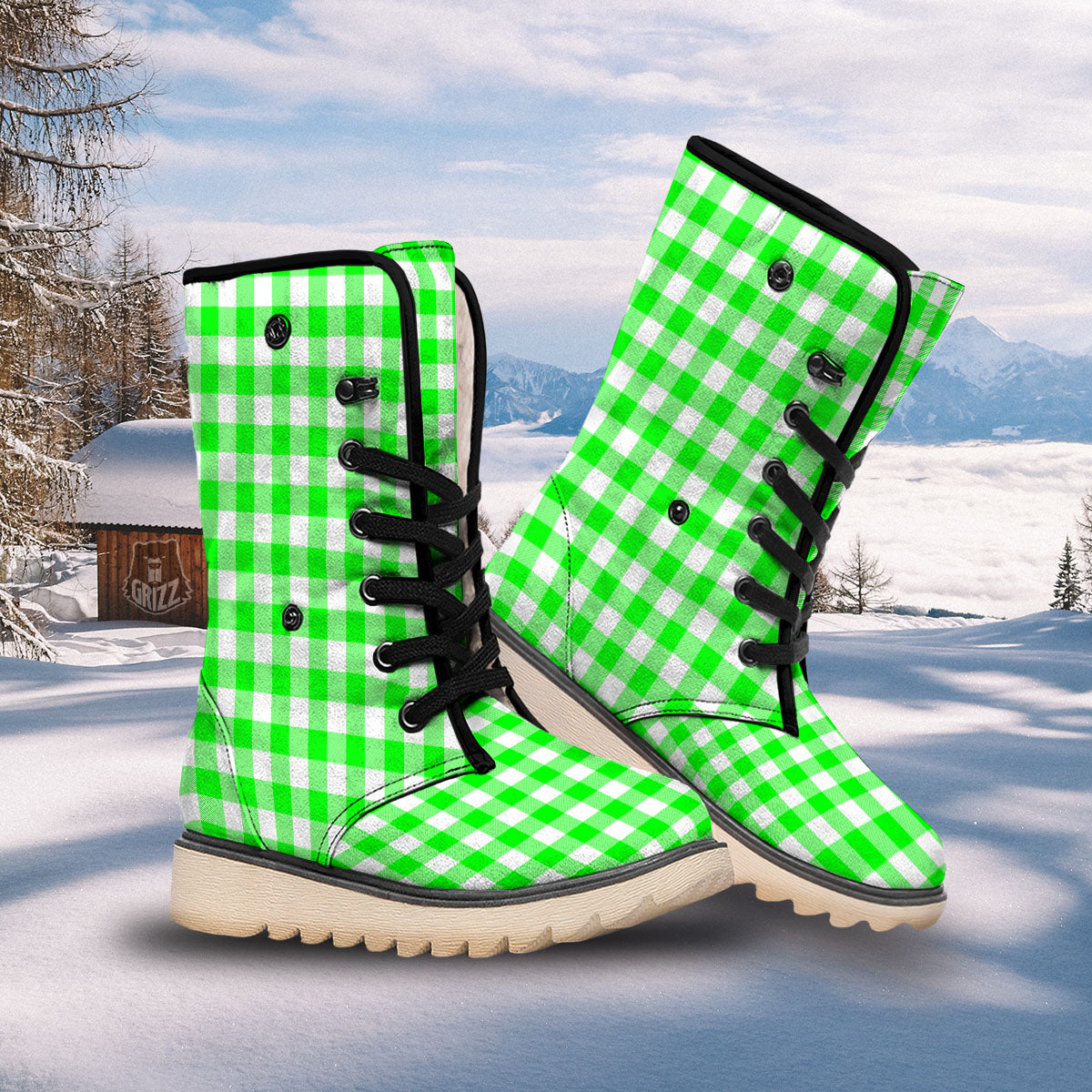 White Buffalo Check And UFO Green Print Pattern Snow Boots-grizzshop