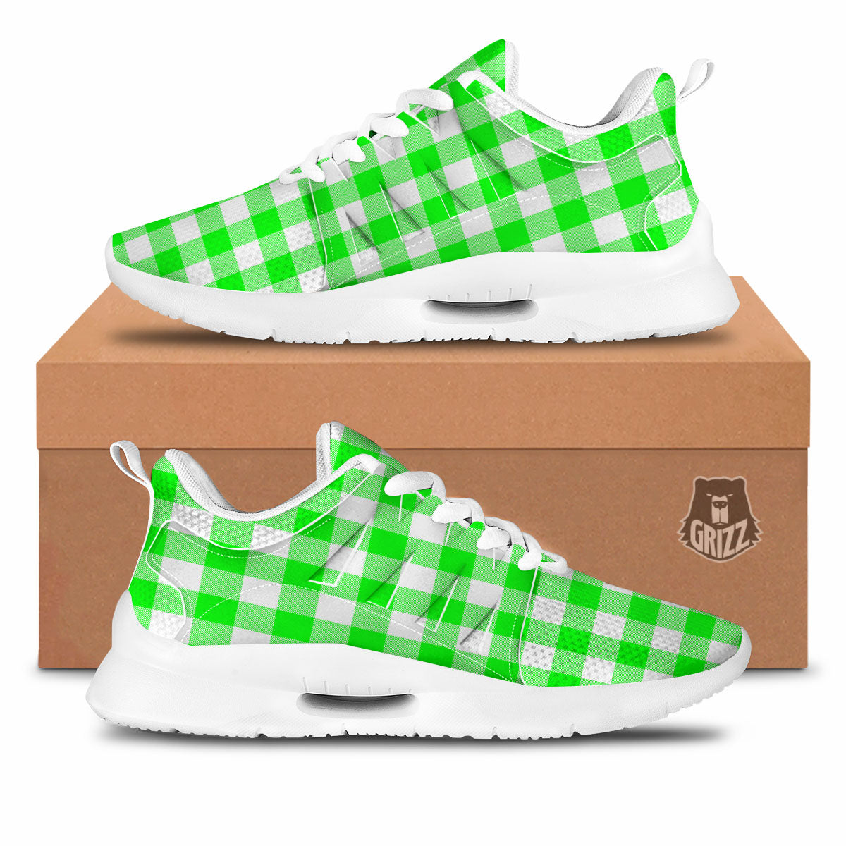 White Buffalo Check And UFO Green Print Pattern Tennis Shoes-grizzshop