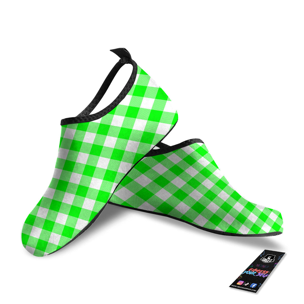 White Buffalo Check And UFO Green Print Pattern Water Shoes-grizzshop