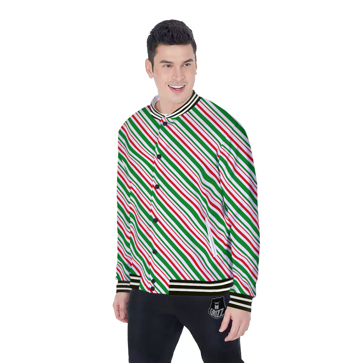 White Candy Cane And Red Green Print Baseball Jacket-grizzshop