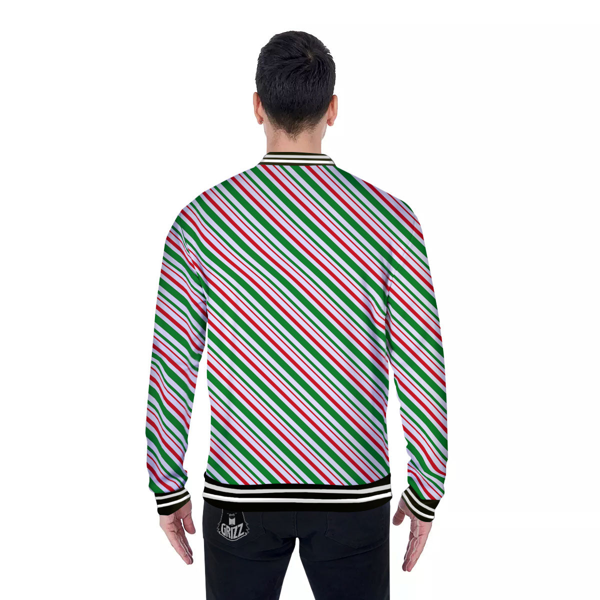White Candy Cane And Red Green Print Baseball Jacket-grizzshop