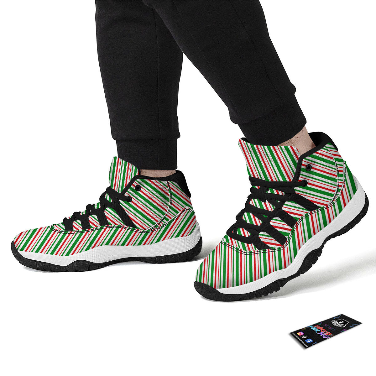 White Candy Cane And Red Green Print Black Bball Shoes-grizzshop