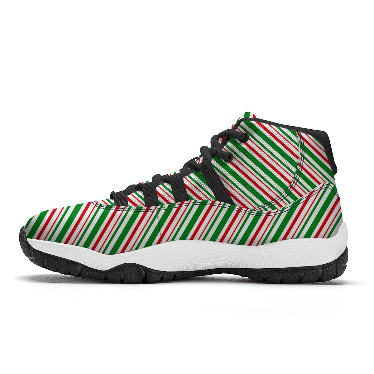 White Candy Cane And Red Green Print Black Bball Shoes-grizzshop