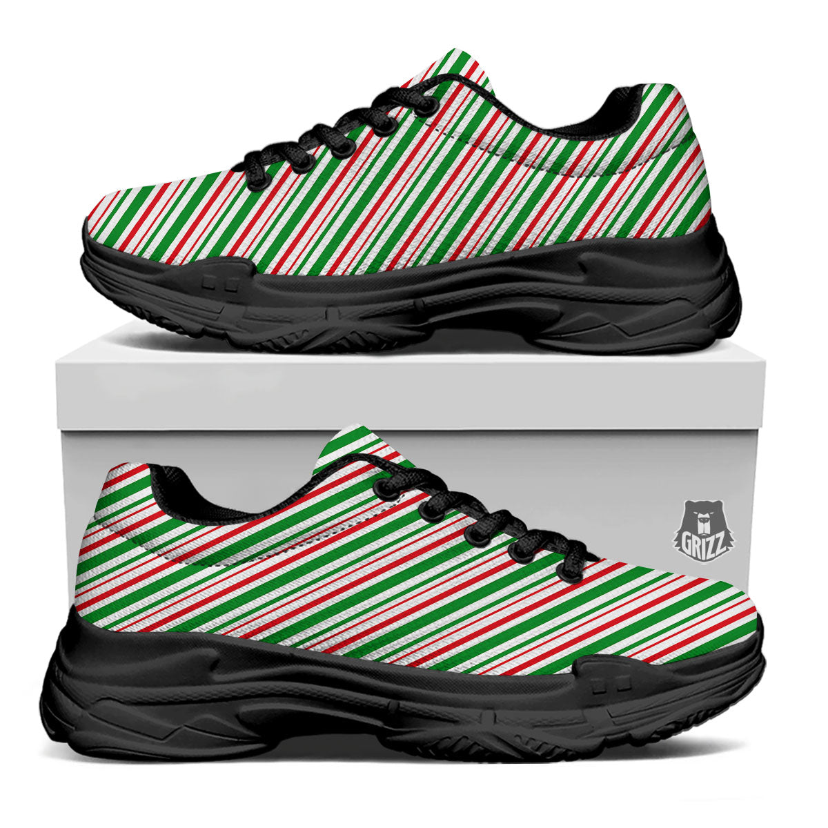 White Candy Cane And Red Green Print Black Chunky Shoes-grizzshop