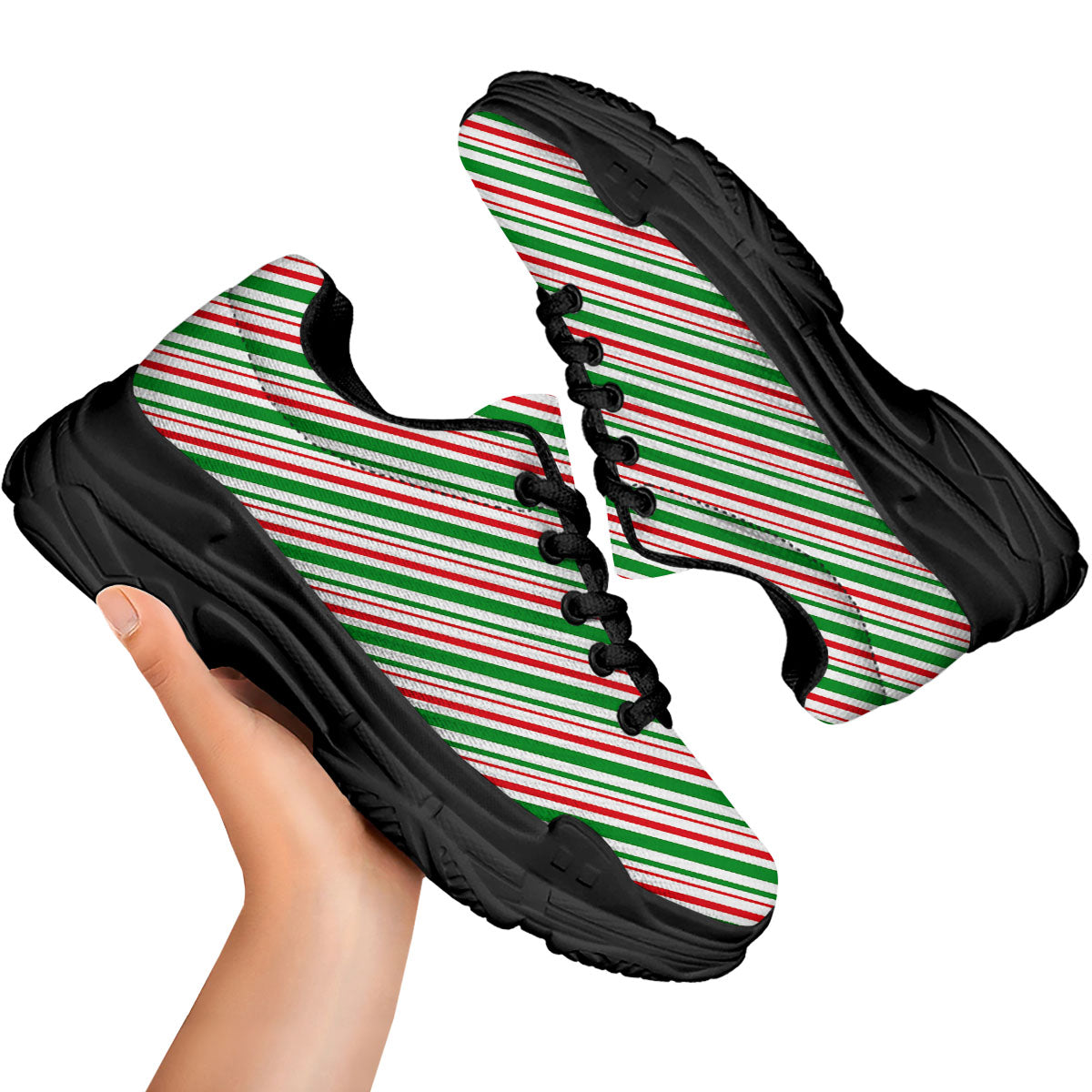 White Candy Cane And Red Green Print Black Chunky Shoes-grizzshop