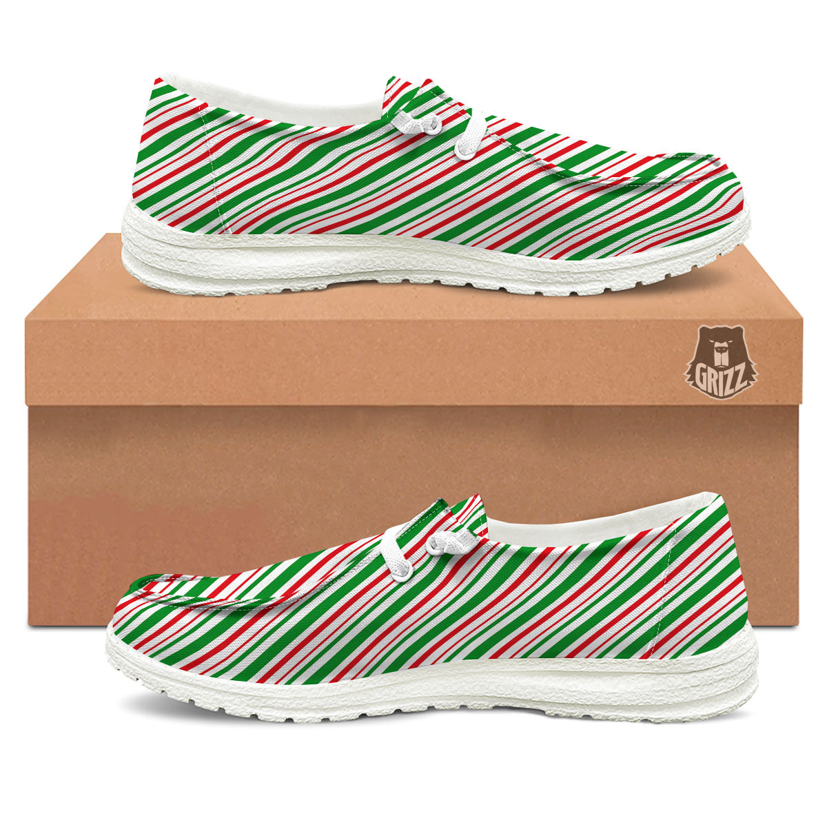 White Candy Cane And Red Green Print Black Loafers-grizzshop