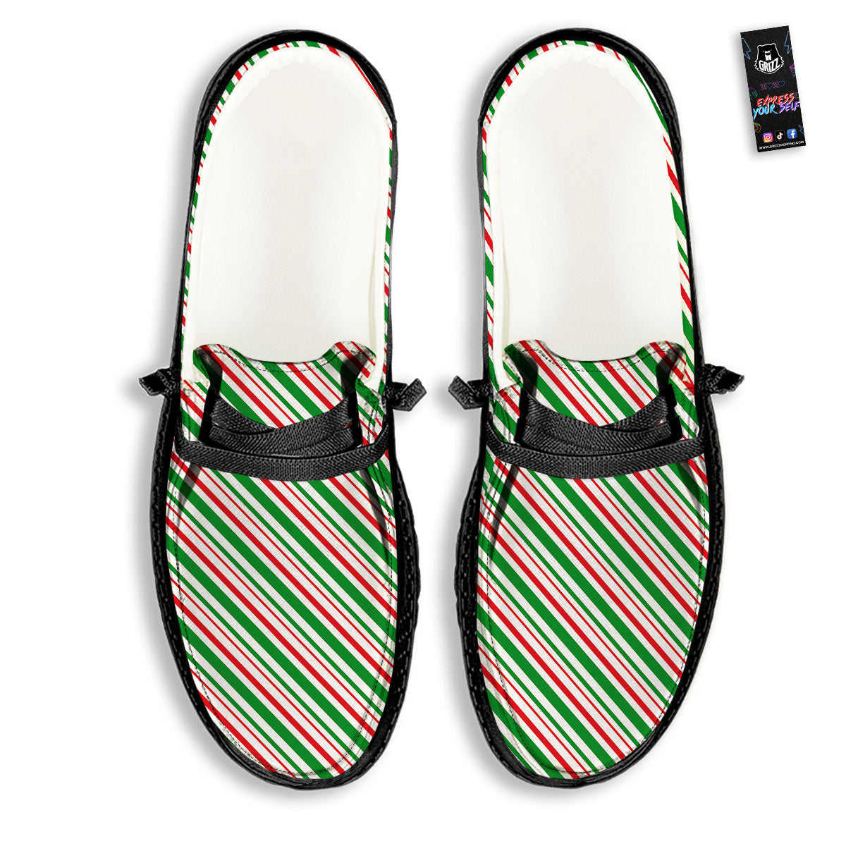White Candy Cane And Red Green Print Black Loafers-grizzshop