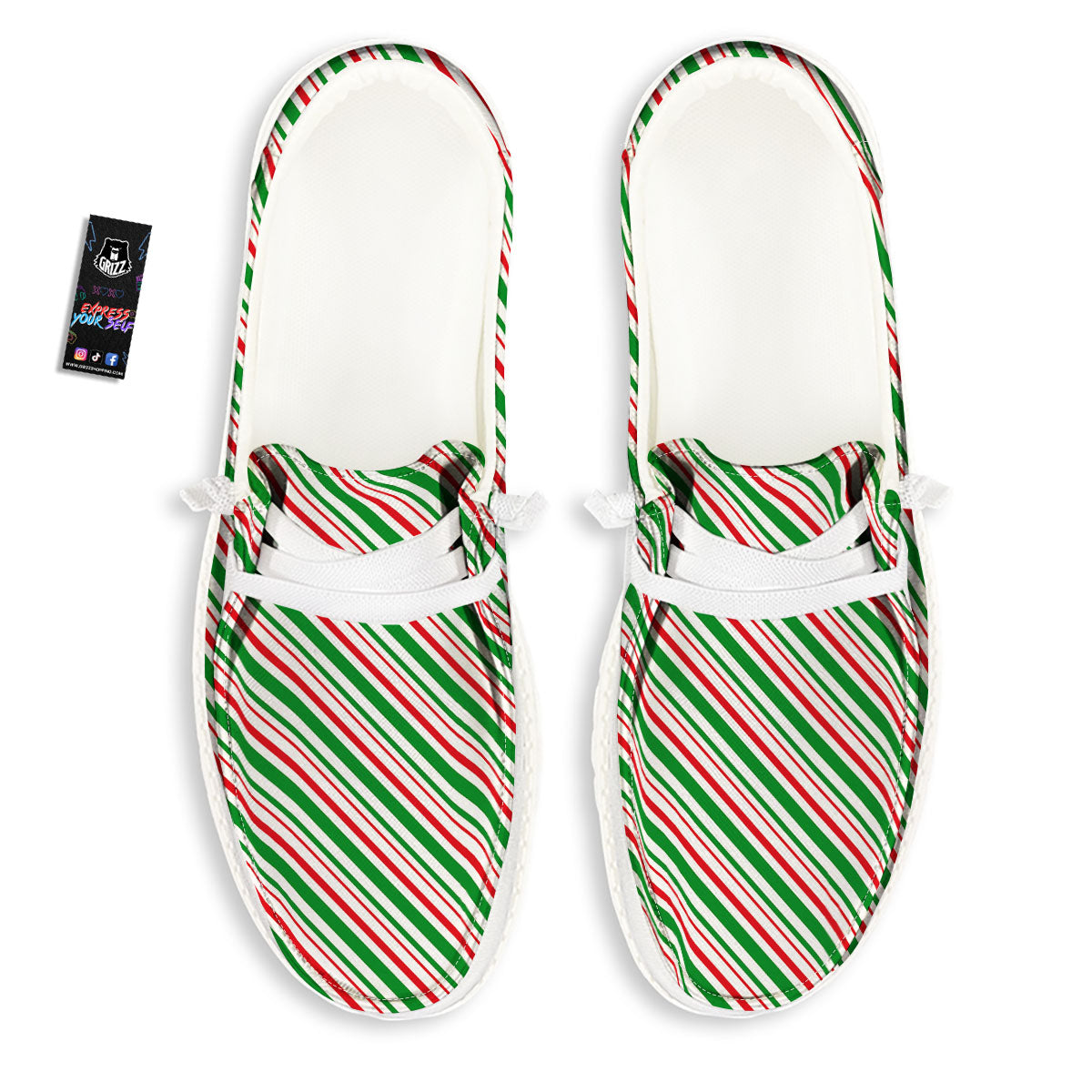 White Candy Cane And Red Green Print Black Loafers-grizzshop