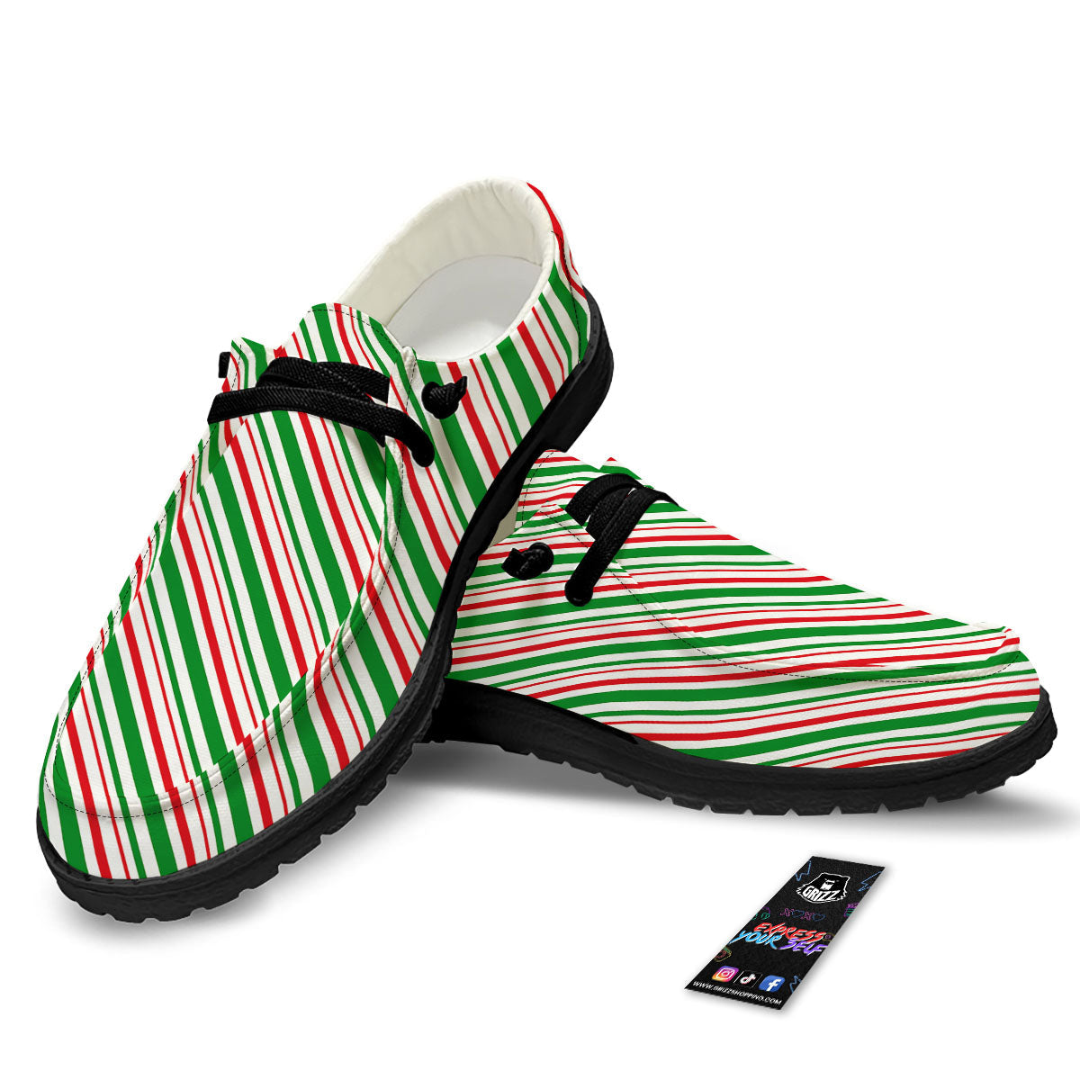 White Candy Cane And Red Green Print Black Loafers-grizzshop