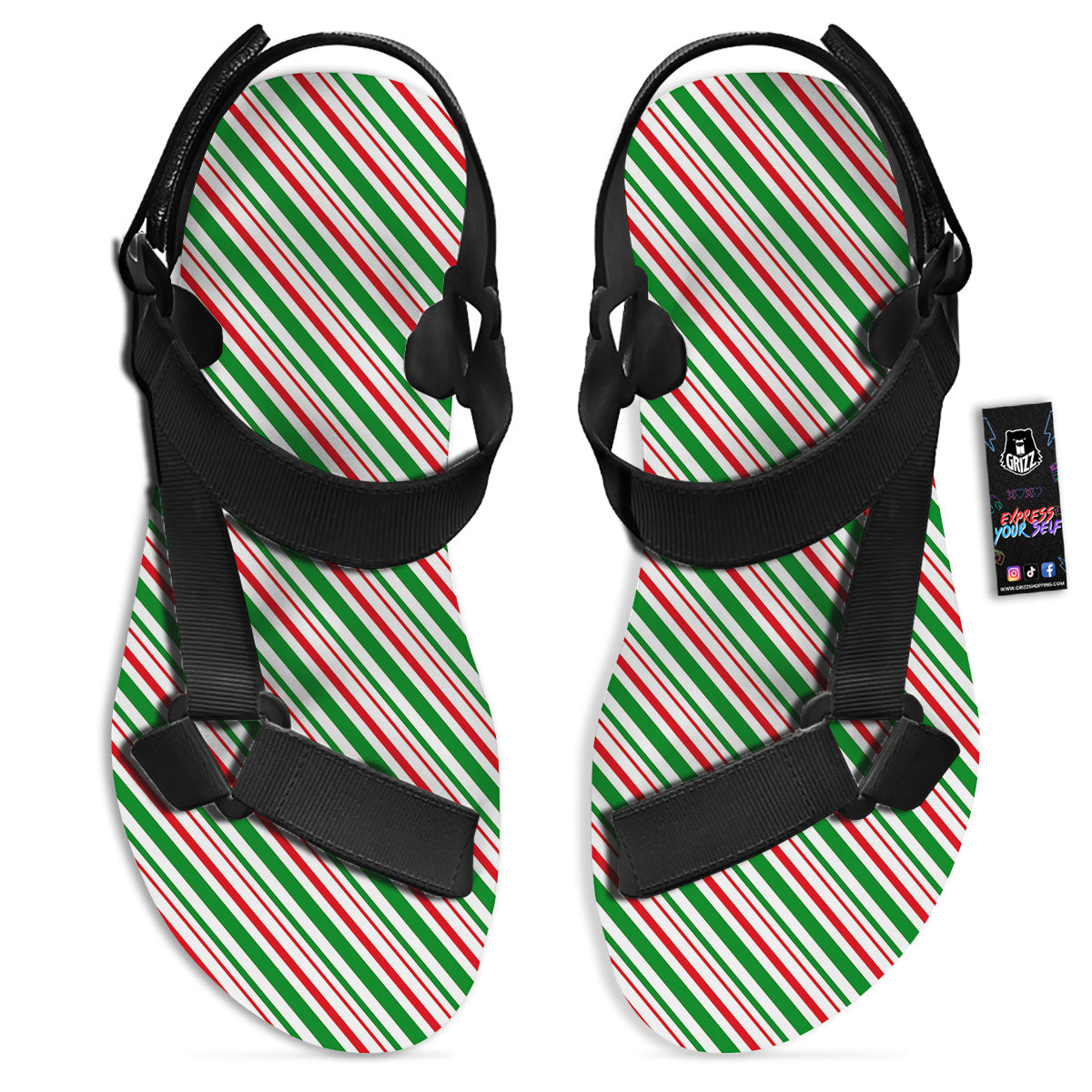 White Candy Cane And Red Green Print Black Open Toe Sandals-grizzshop
