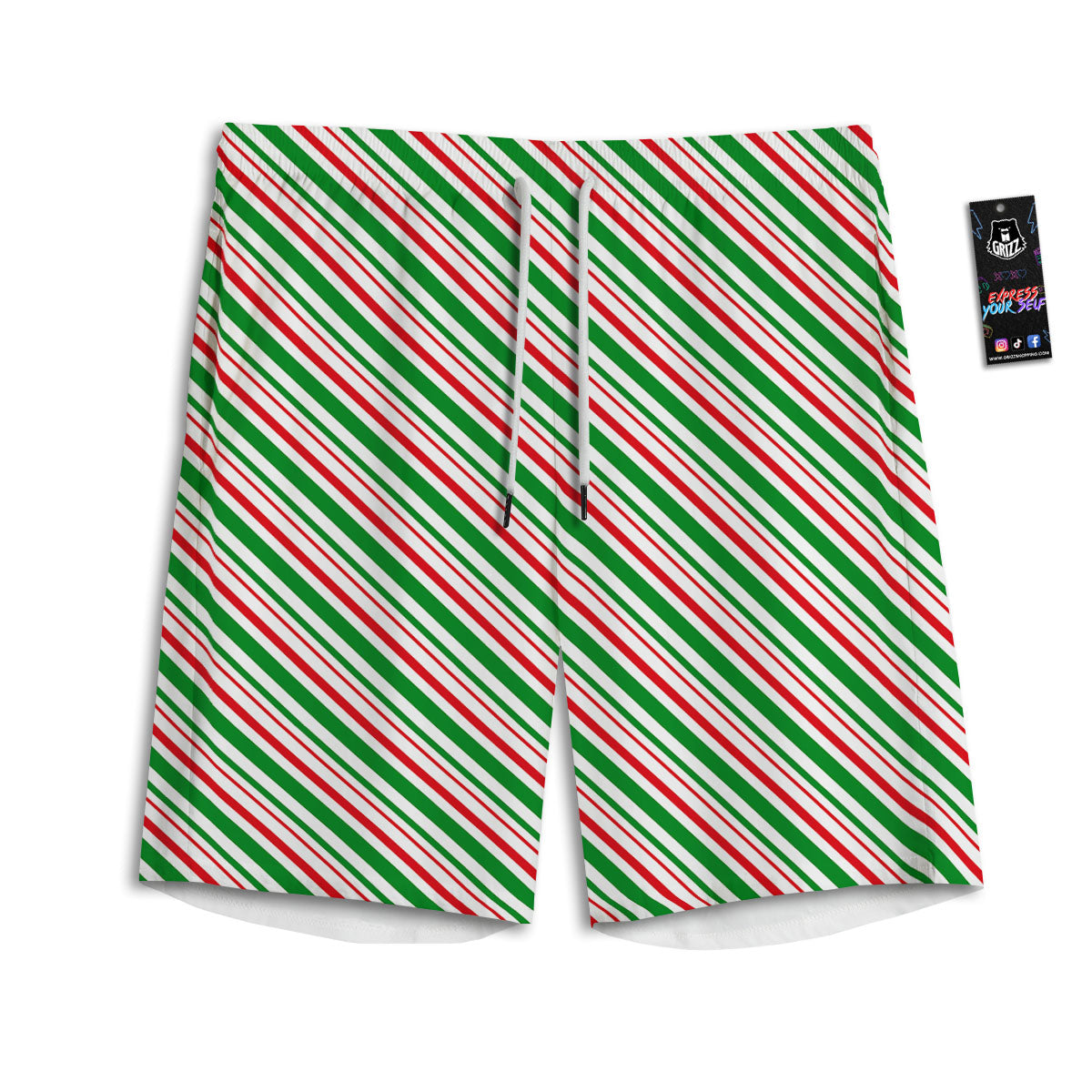 White Candy Cane And Red Green Print Men's Athletic Shorts
