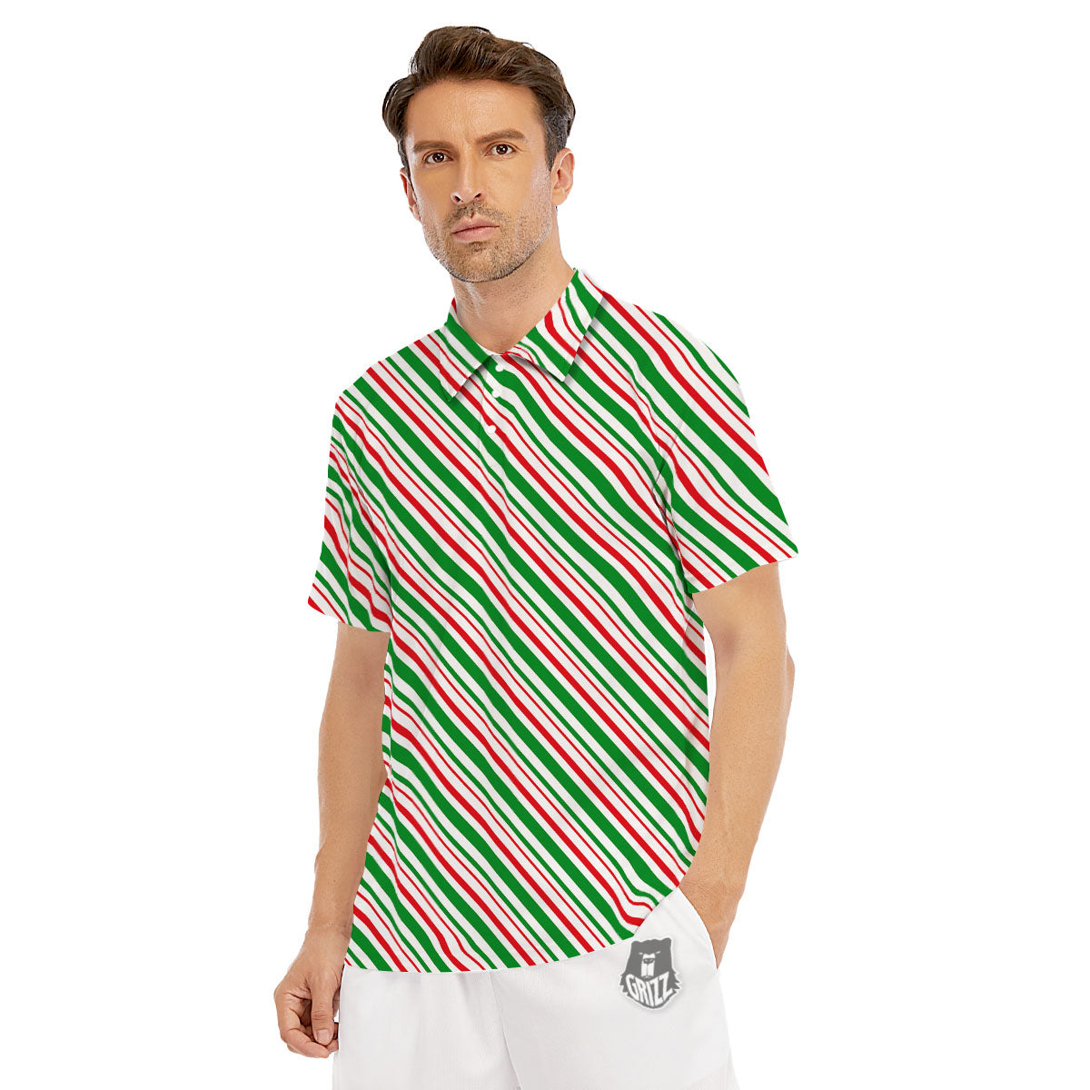 White Candy Cane And Red Green Print Men's Golf Shirts-grizzshop
