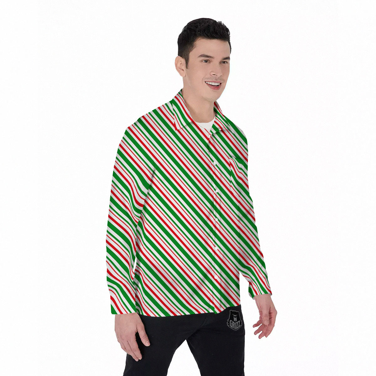 White Candy Cane And Red Green Print Men's Long Sleeve Shirts-grizzshop