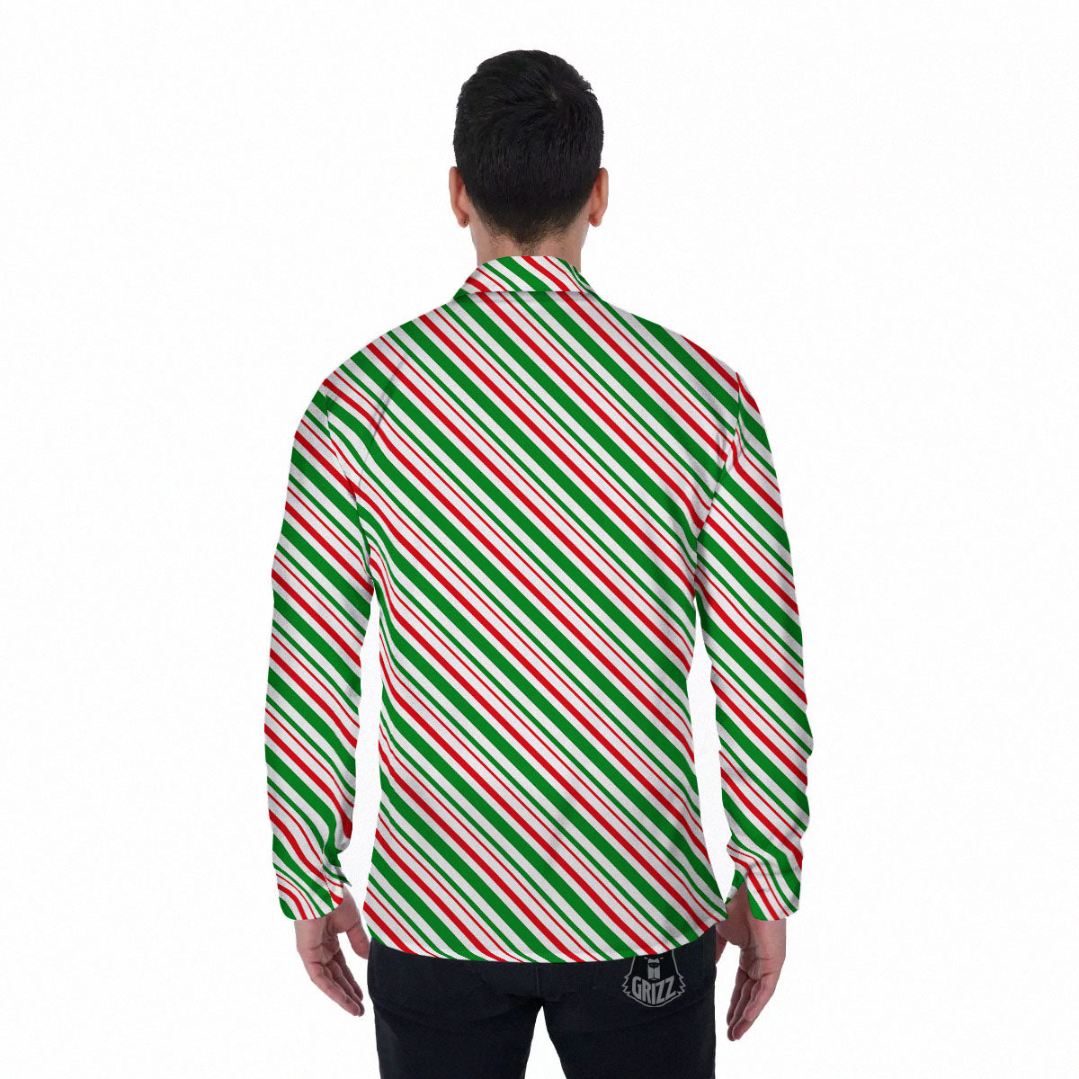 White Candy Cane And Red Green Print Men's Long Sleeve Shirts-grizzshop