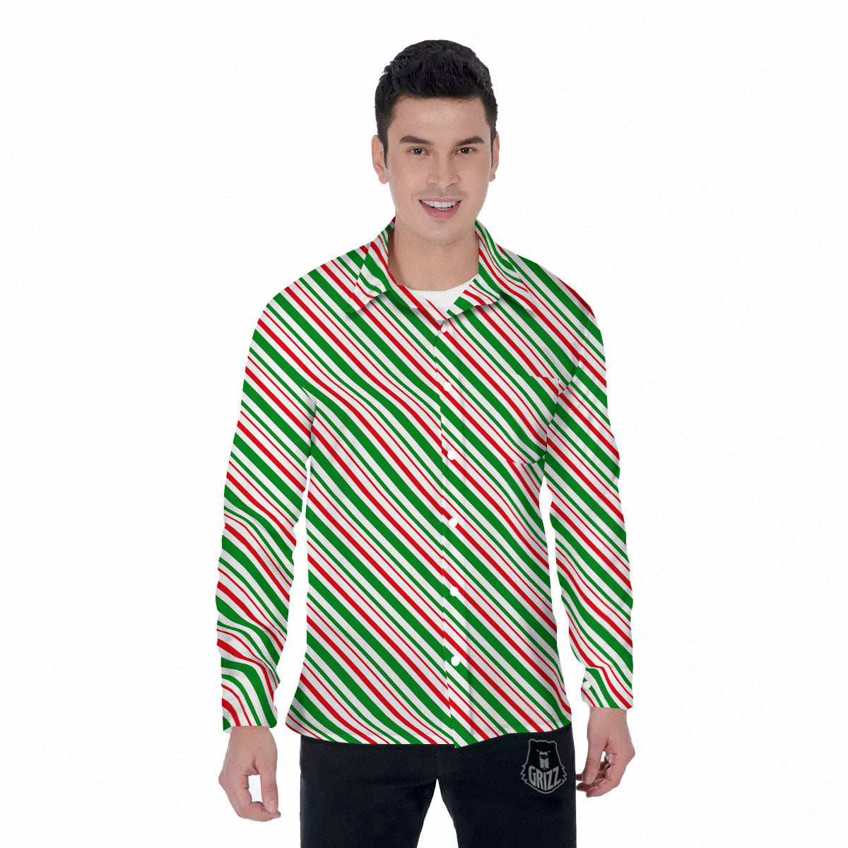 White Candy Cane And Red Green Print Men's Long Sleeve Shirts-grizzshop