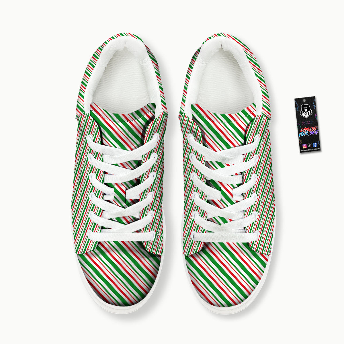 White Candy Cane And Red Green Print Platform Shoes-grizzshop
