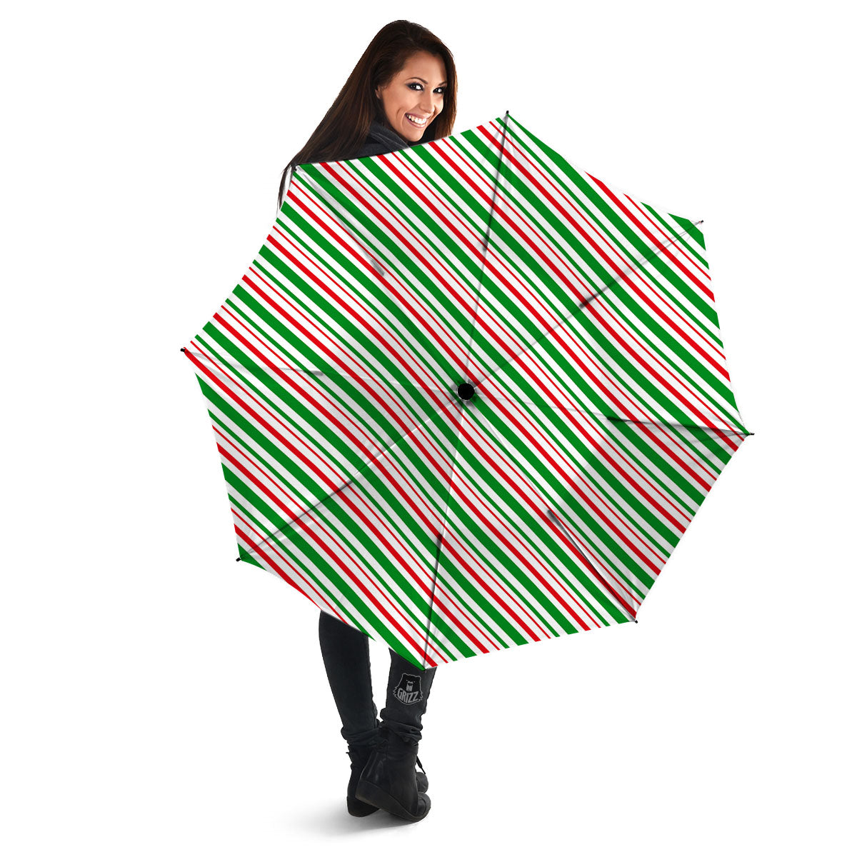 White Candy Cane And Red Green Print Umbrella-grizzshop