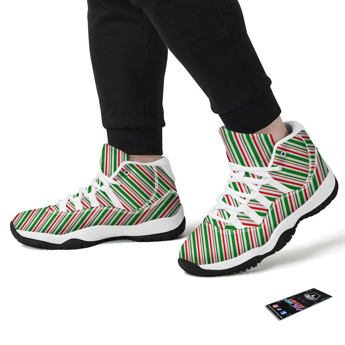 White Candy Cane And Red Green Print White Bball Shoes-grizzshop