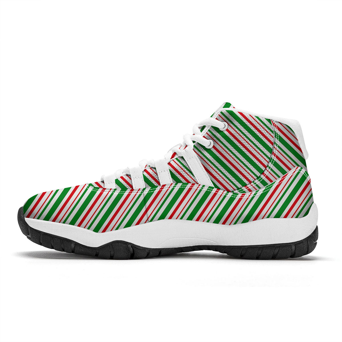 White Candy Cane And Red Green Print White Bball Shoes-grizzshop