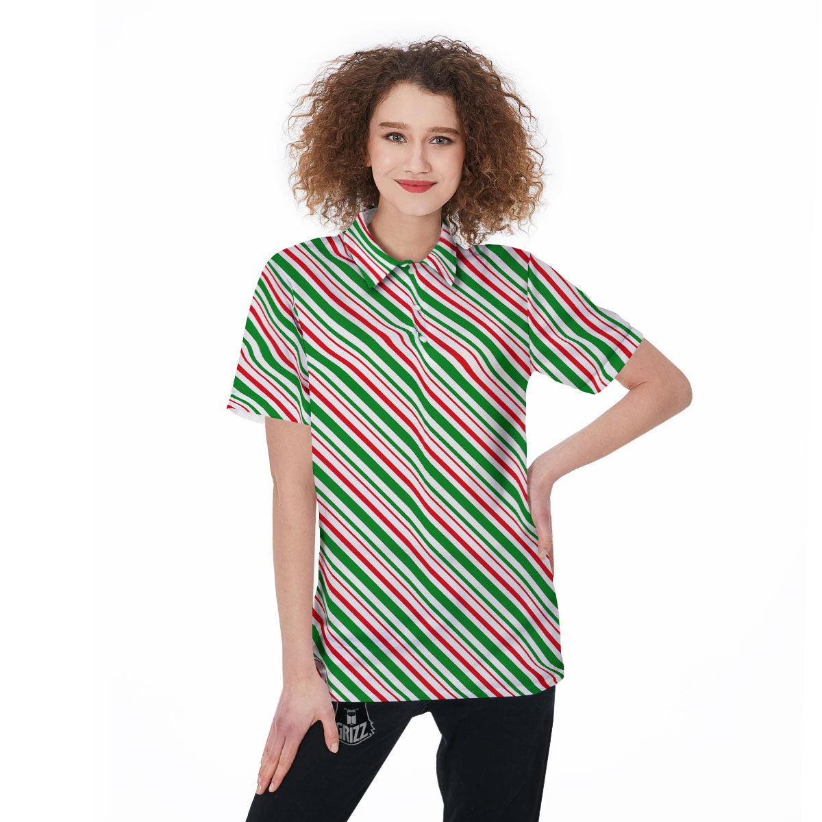 White Candy Cane And Red Green Print Women's Golf Shirts-grizzshop
