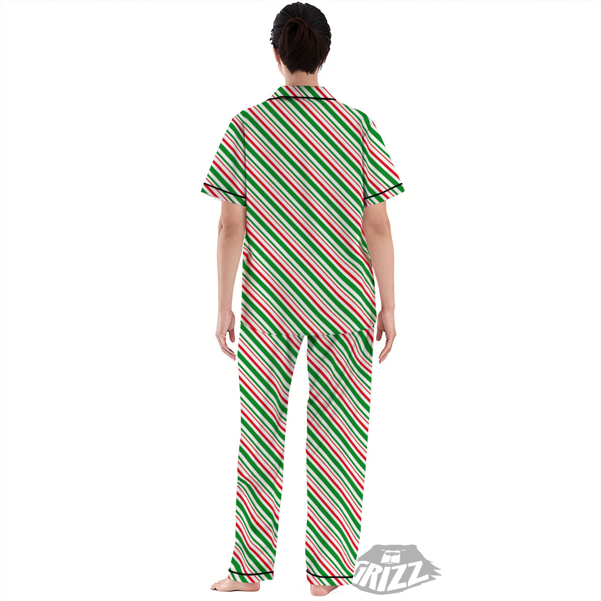 White Candy Cane And Red Green Print Women's Pajamas Set-grizzshop