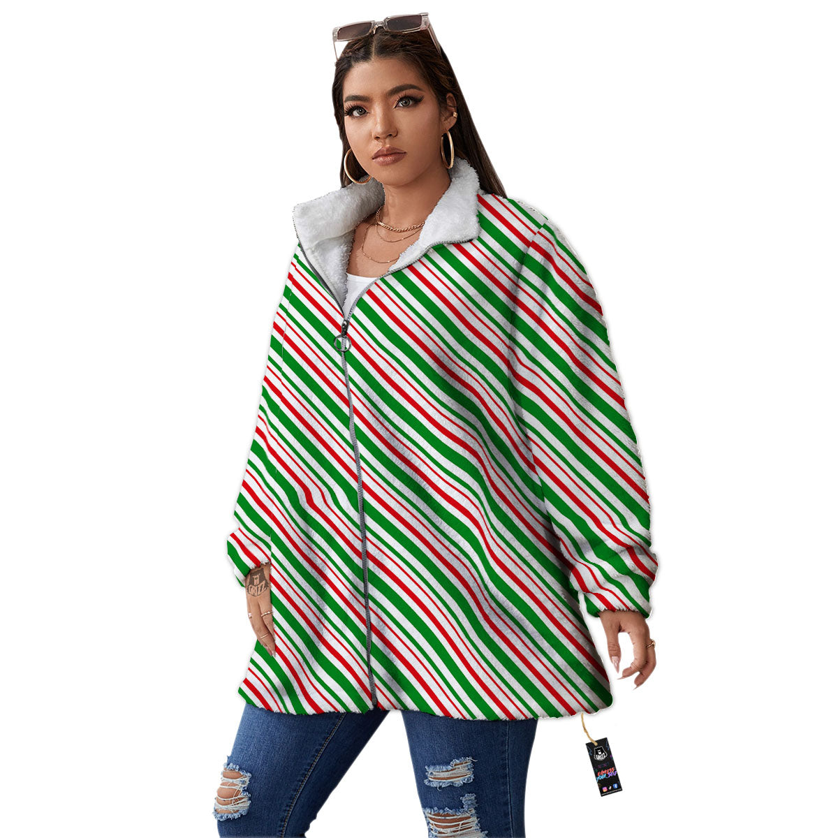 White Candy Cane And Red Green Print Women's Sherpa Jacket-grizzshop