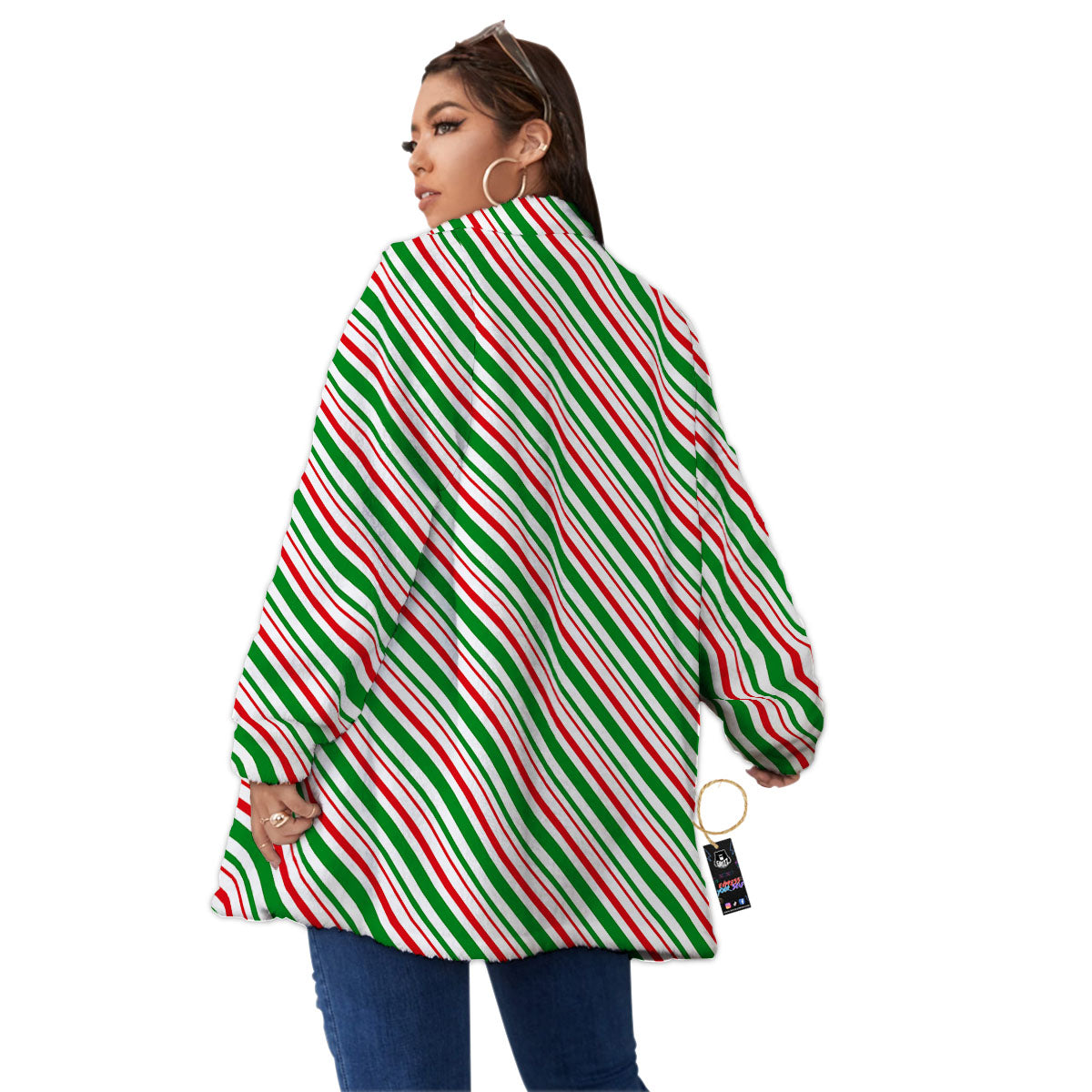 White Candy Cane And Red Green Print Women's Sherpa Jacket-grizzshop