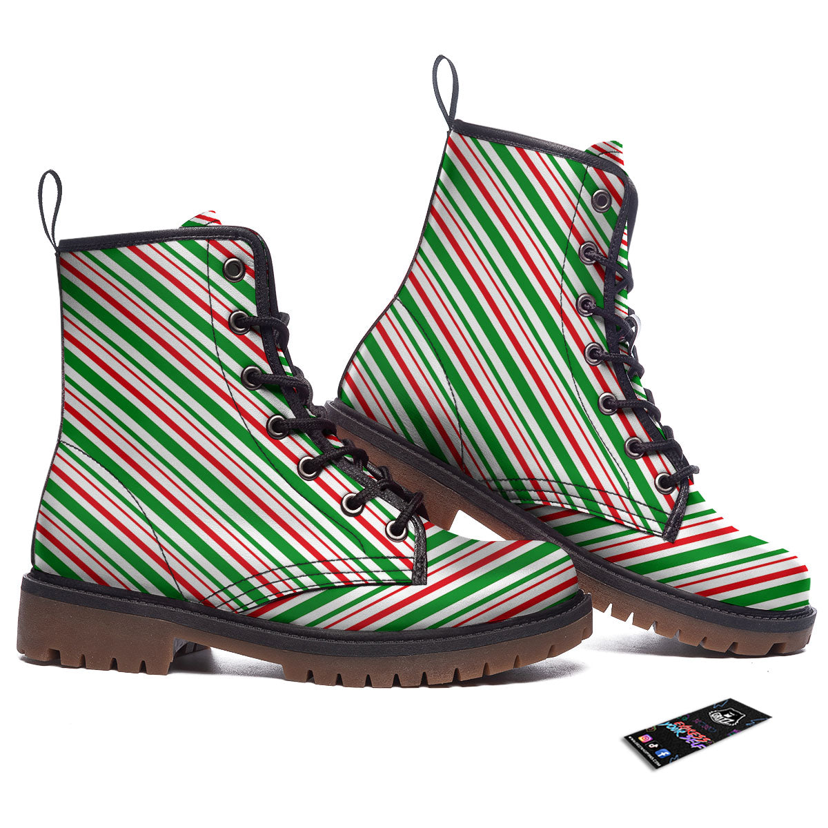 White Candy Cane And Red Green Print Work Boots-grizzshop