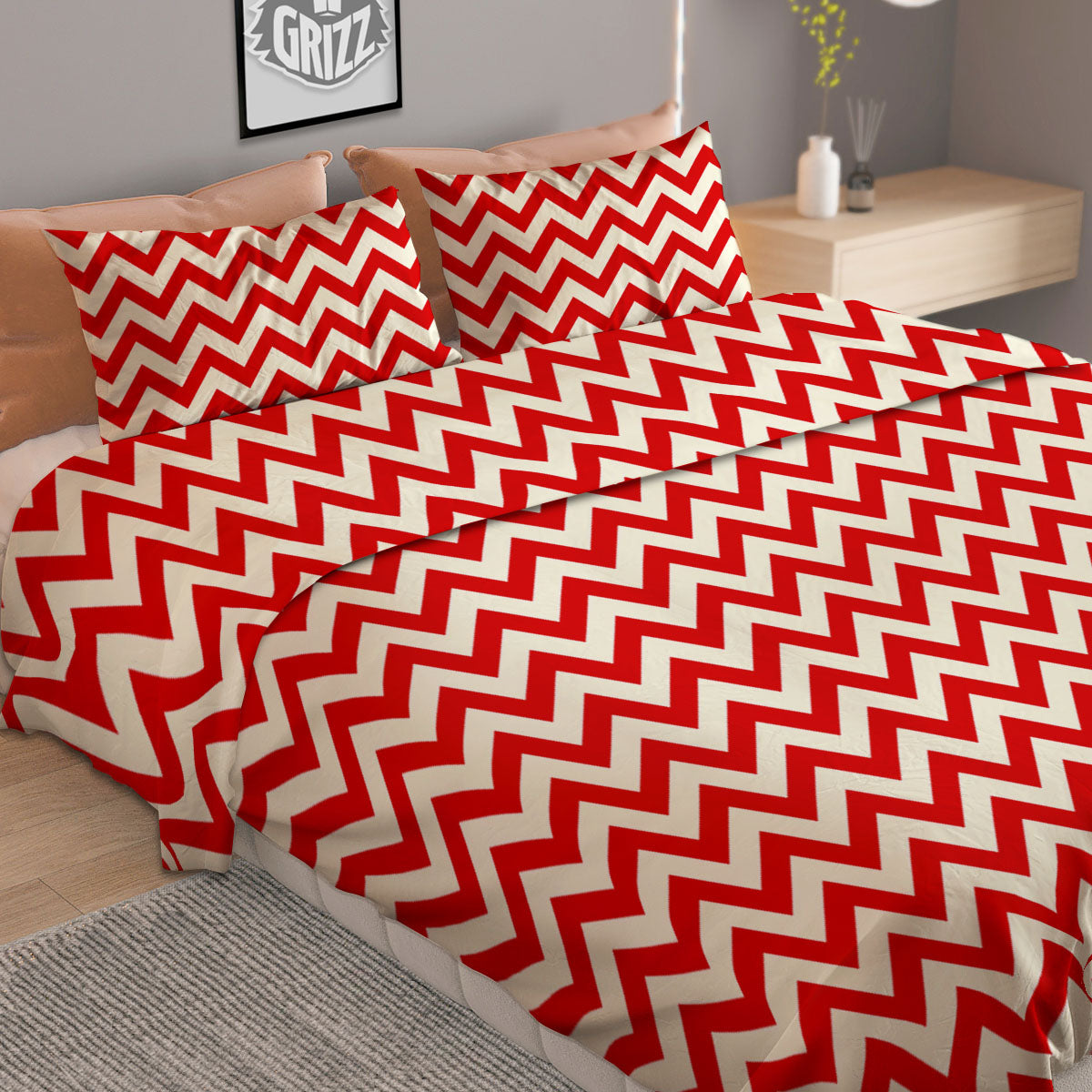 White Chevron And Beige Red Print Duvet Cover Bedding Set