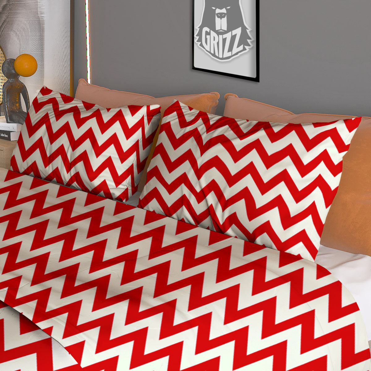 White Chevron And Beige Red Print Duvet Cover Bedding Set