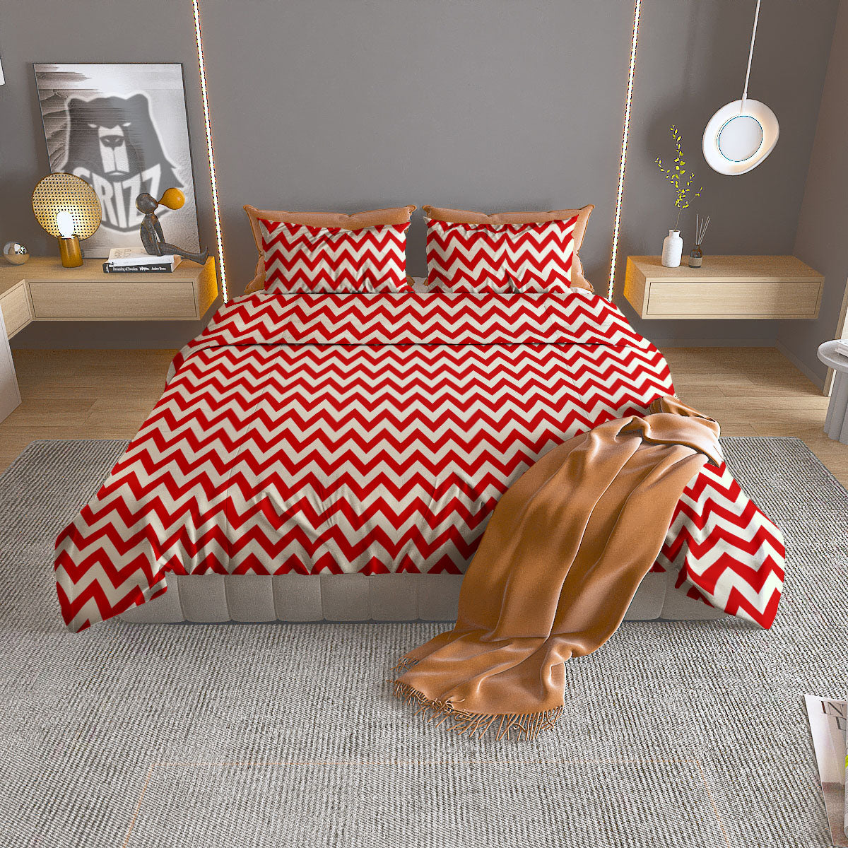 White Chevron And Beige Red Print Duvet Cover Bedding Set