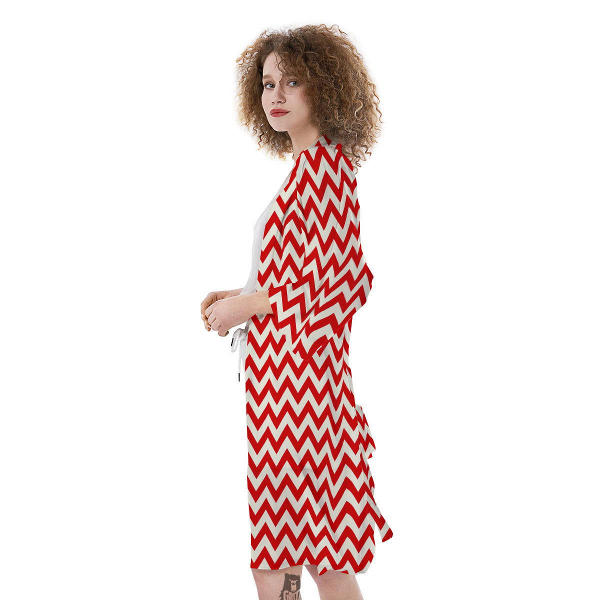 White Chevron And Beige Red Print Kimono-grizzshop