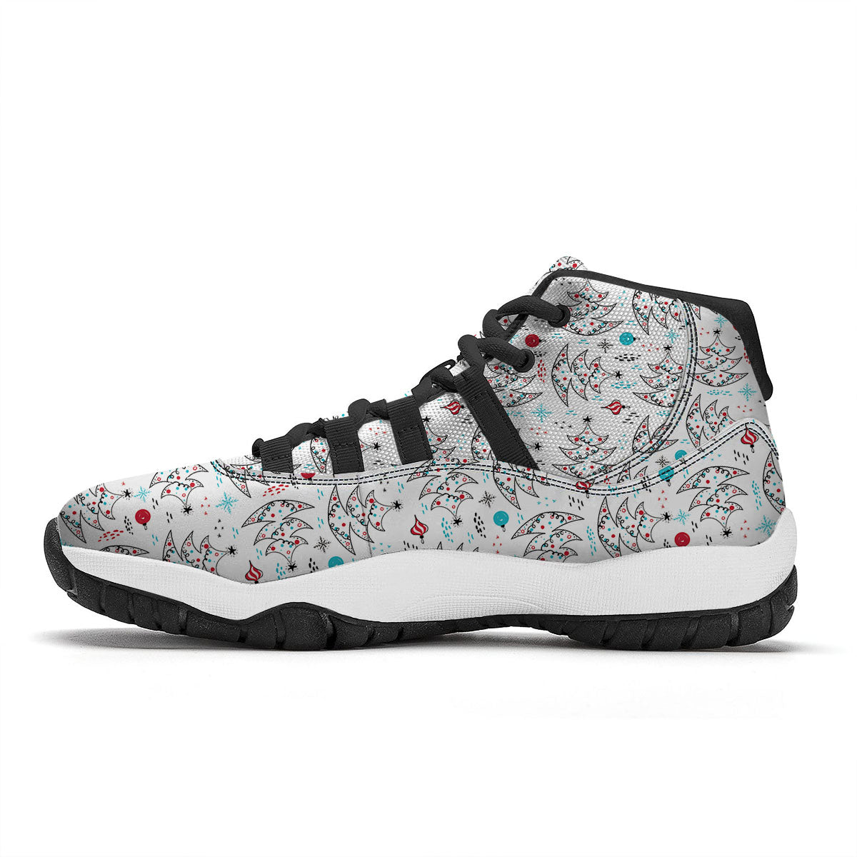 White Christmas Tree Doodle Black Bball Shoes-grizzshop