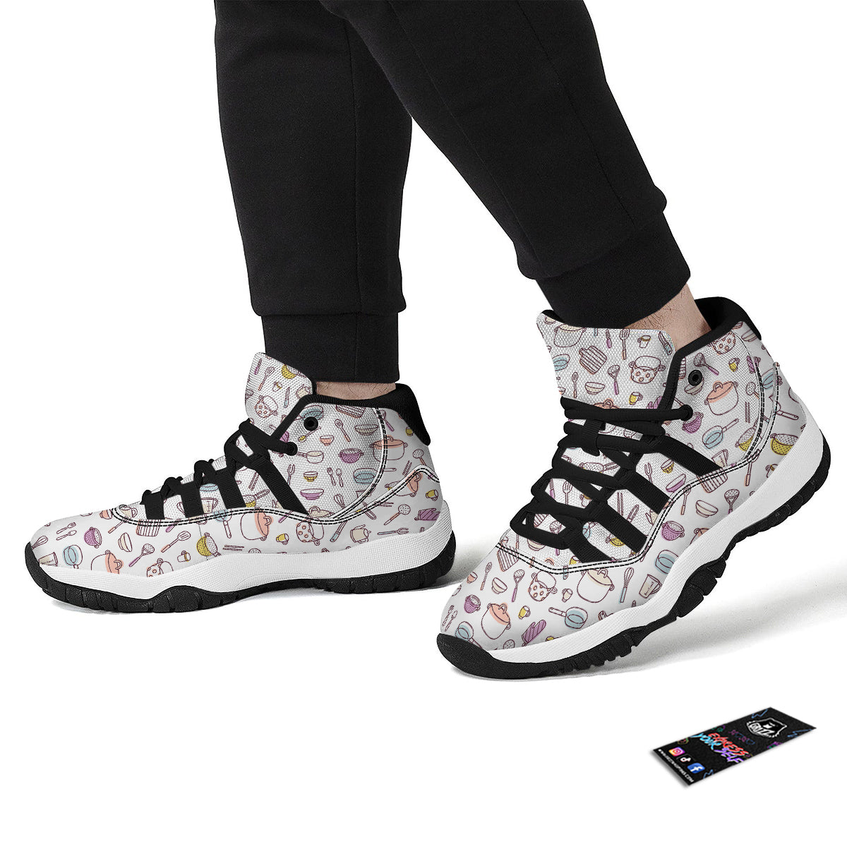White Cooking Print Pattern Black Bball Shoes-grizzshop