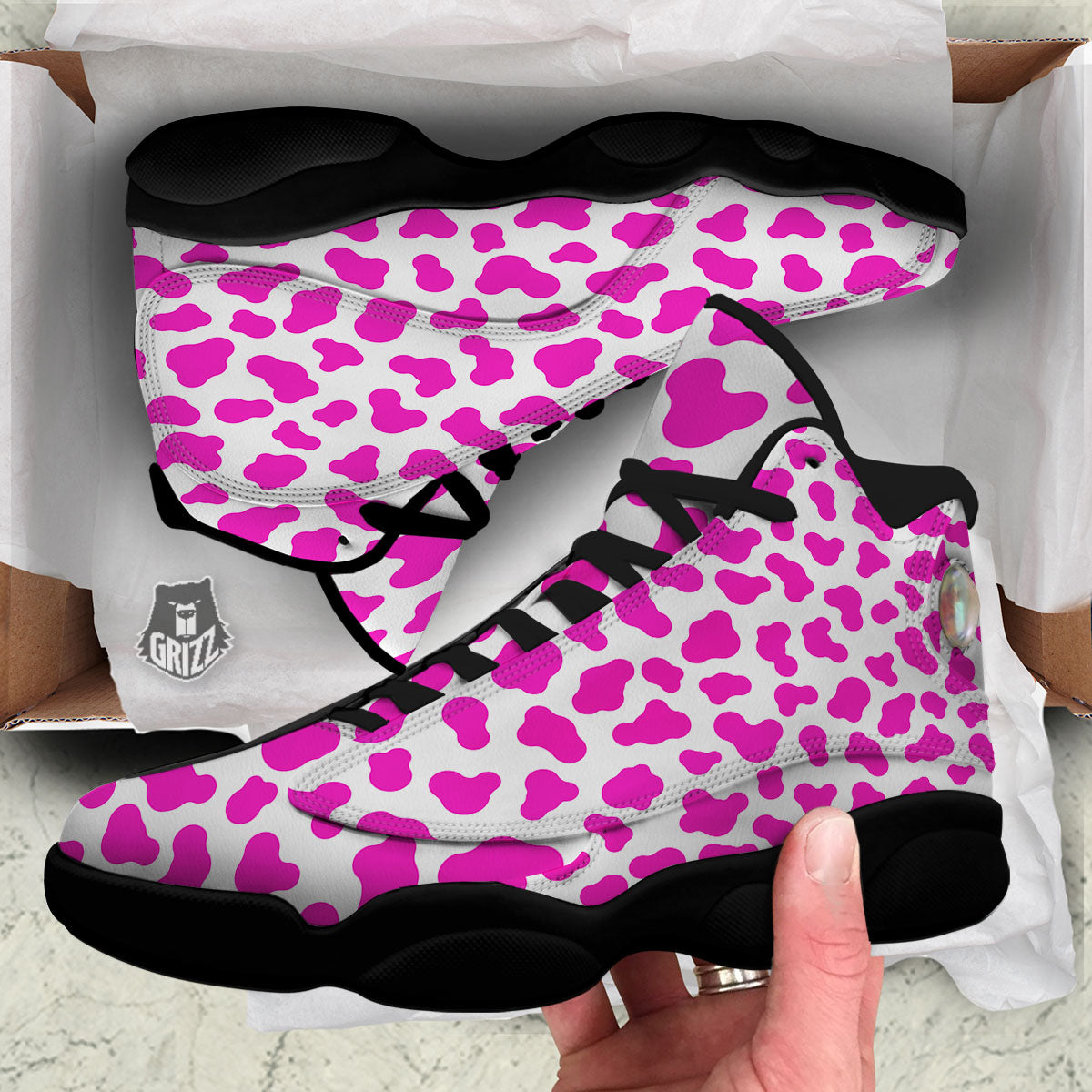 White Cow And Hot Pink Print Black Basketball Shoes-grizzshop