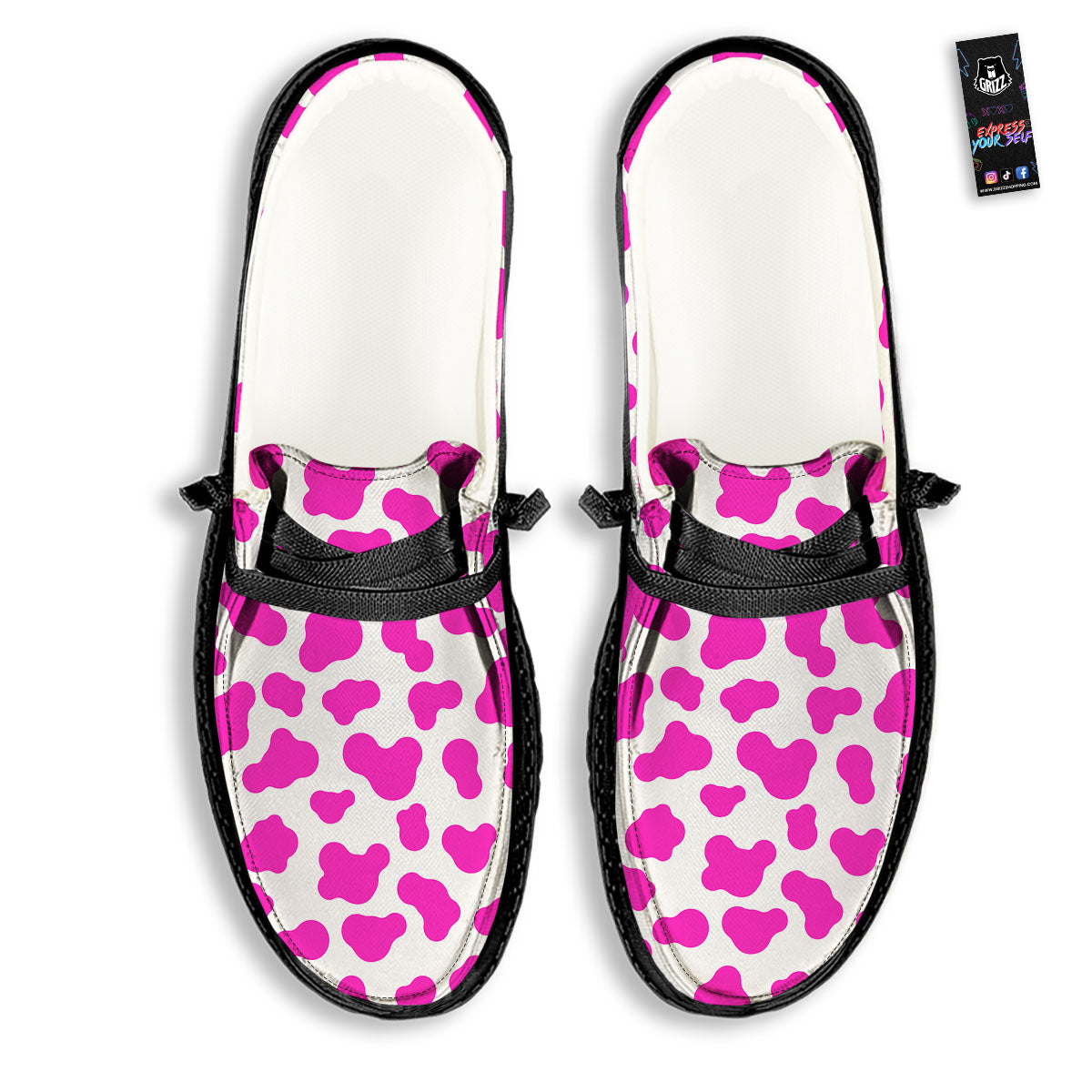 White Cow And Hot Pink Print Black Loafers-grizzshop