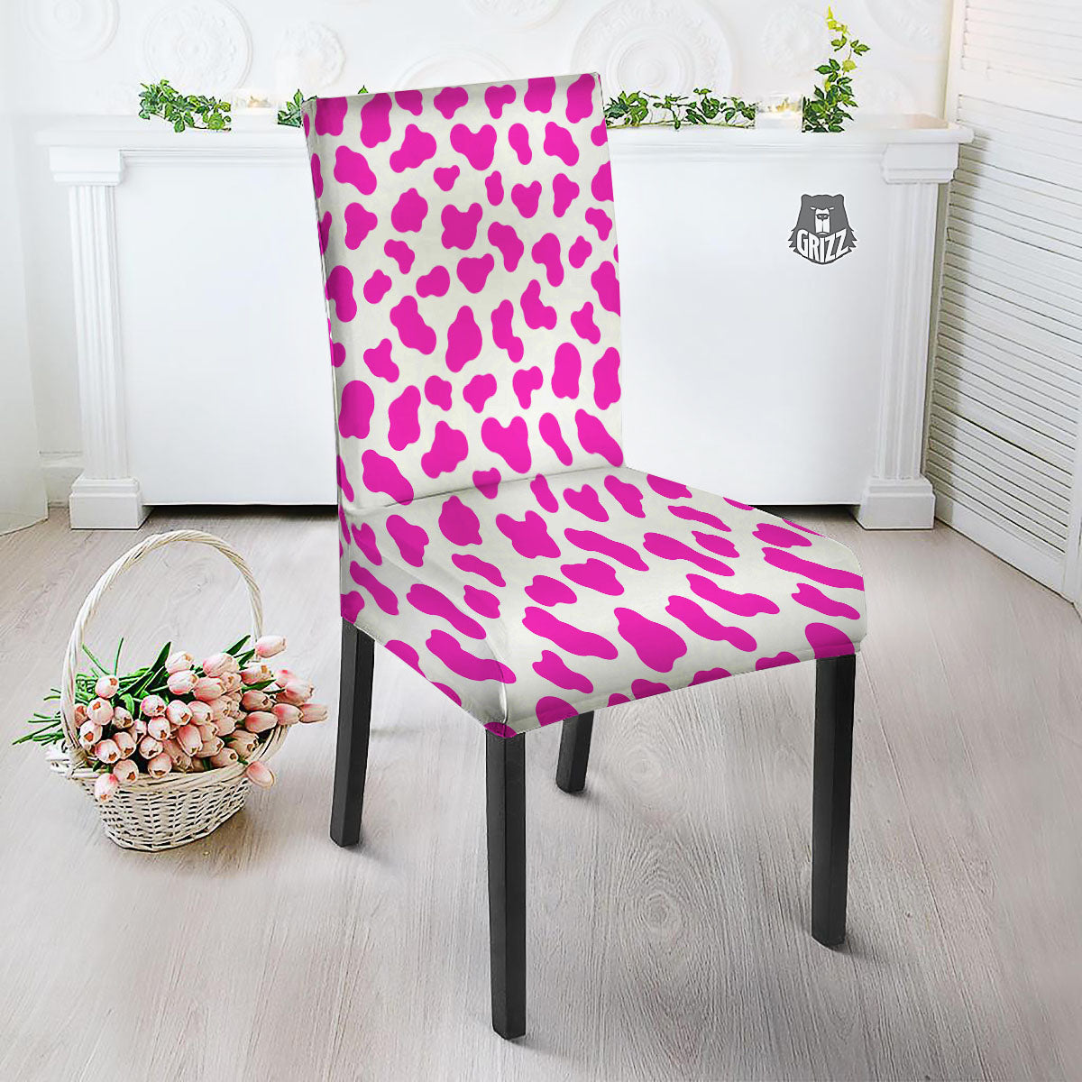 White Cow And Hot Pink Print Dining Chair Slipcover-grizzshop