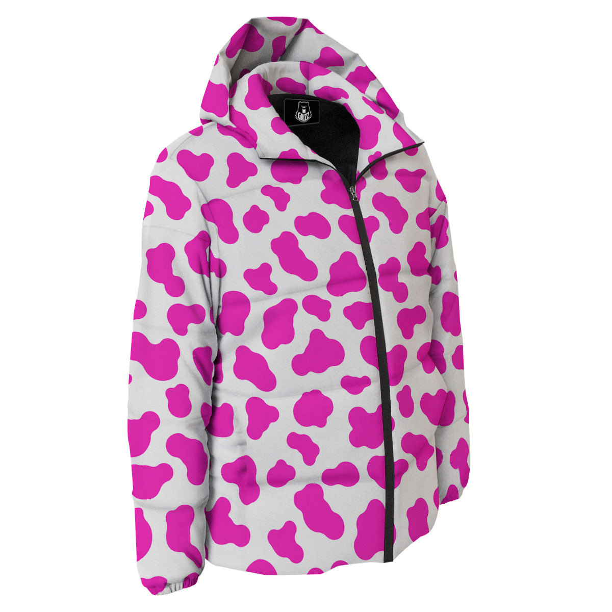 White Cow And Hot Pink Print Down Jacket-grizzshop