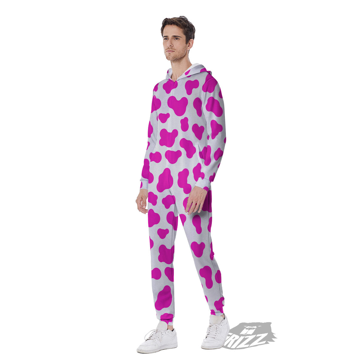 White Cow And Hot Pink Print Men's Jumpsuit-grizzshop