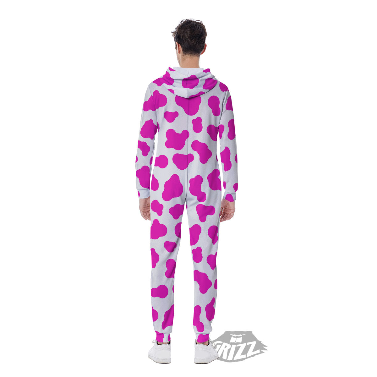 White Cow And Hot Pink Print Men's Jumpsuit-grizzshop