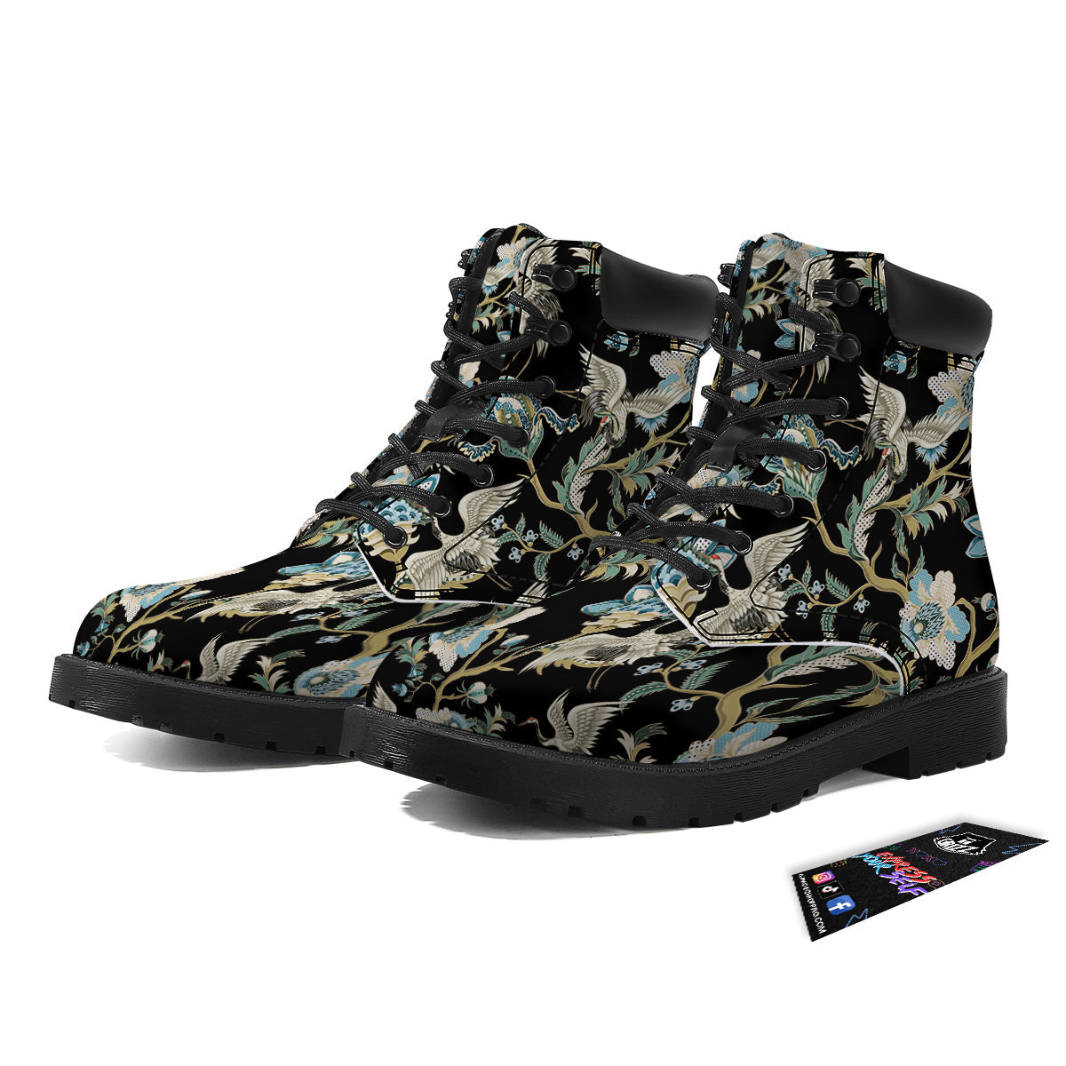 White Cranes Japanese Black Print Pattern Boots-grizzshop